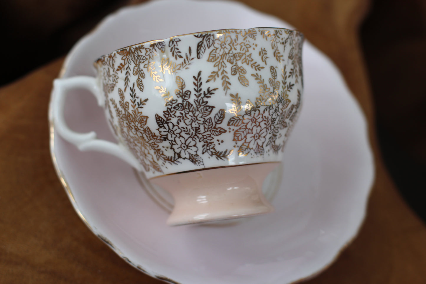 Vintage Royal Vale Pink Gold Leaves Tea Cup Set