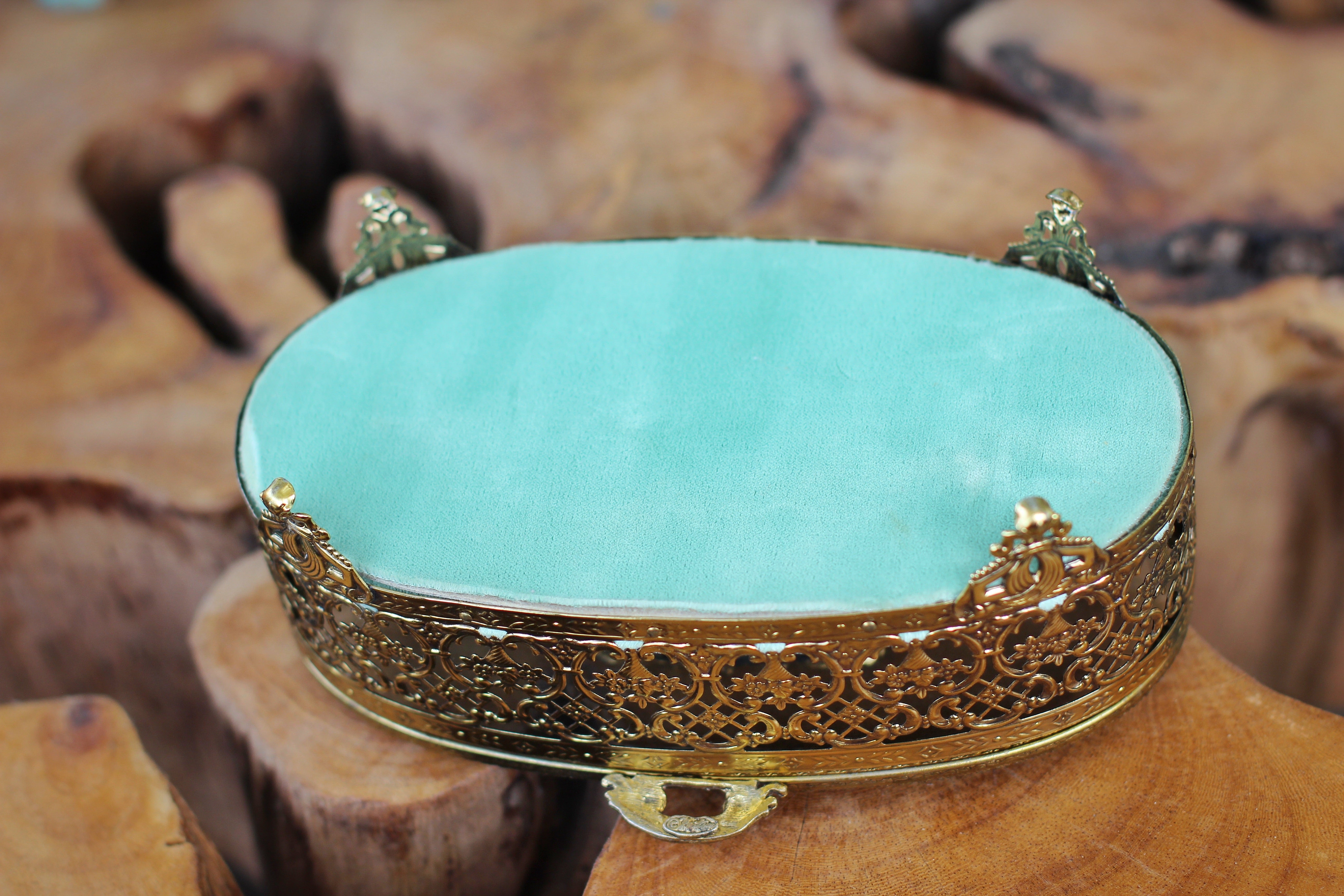 Antique Turquoise Oval Floral Dogwood Jewelry Box