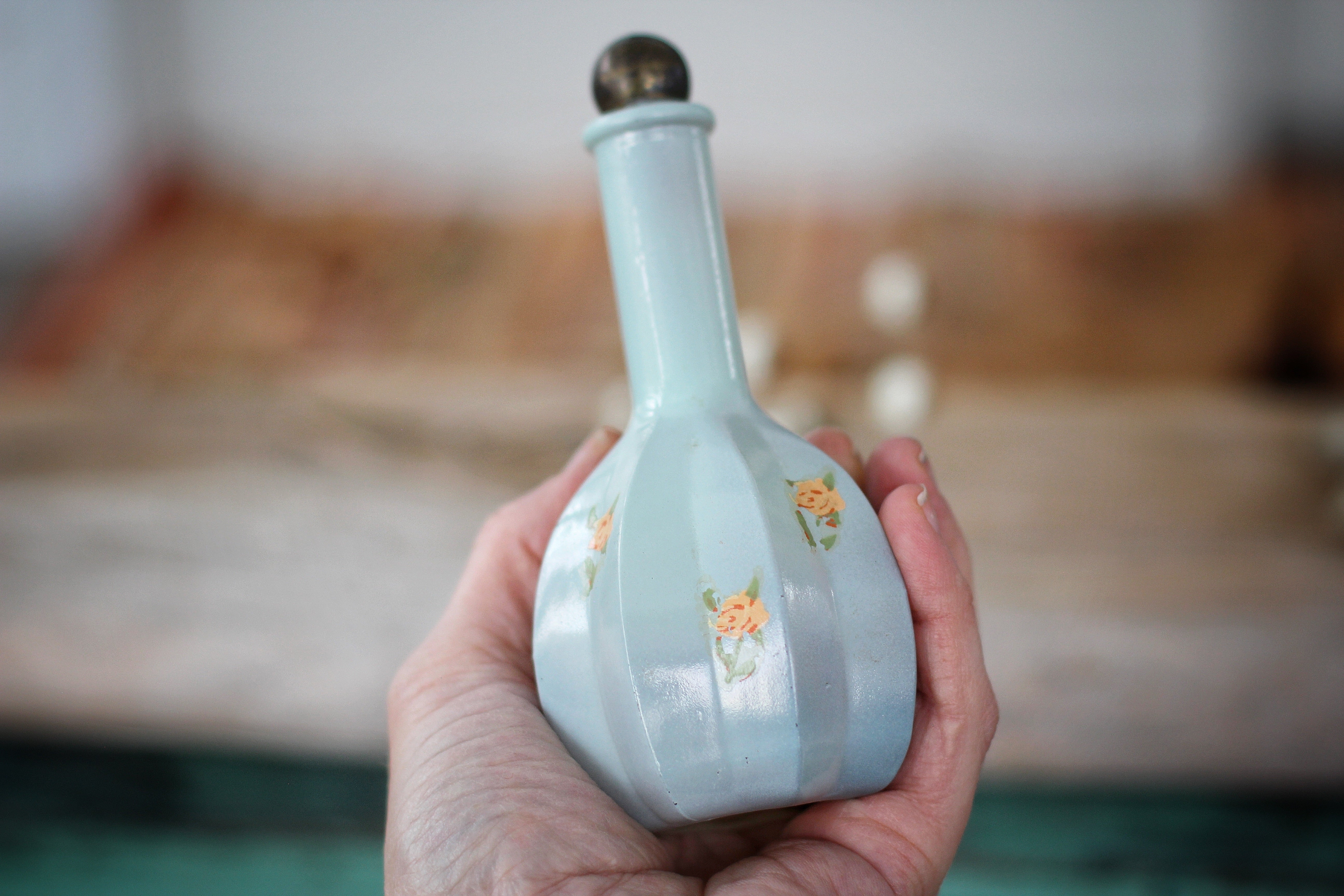 Antique Floral Roses Light Blue Perfume Bottle