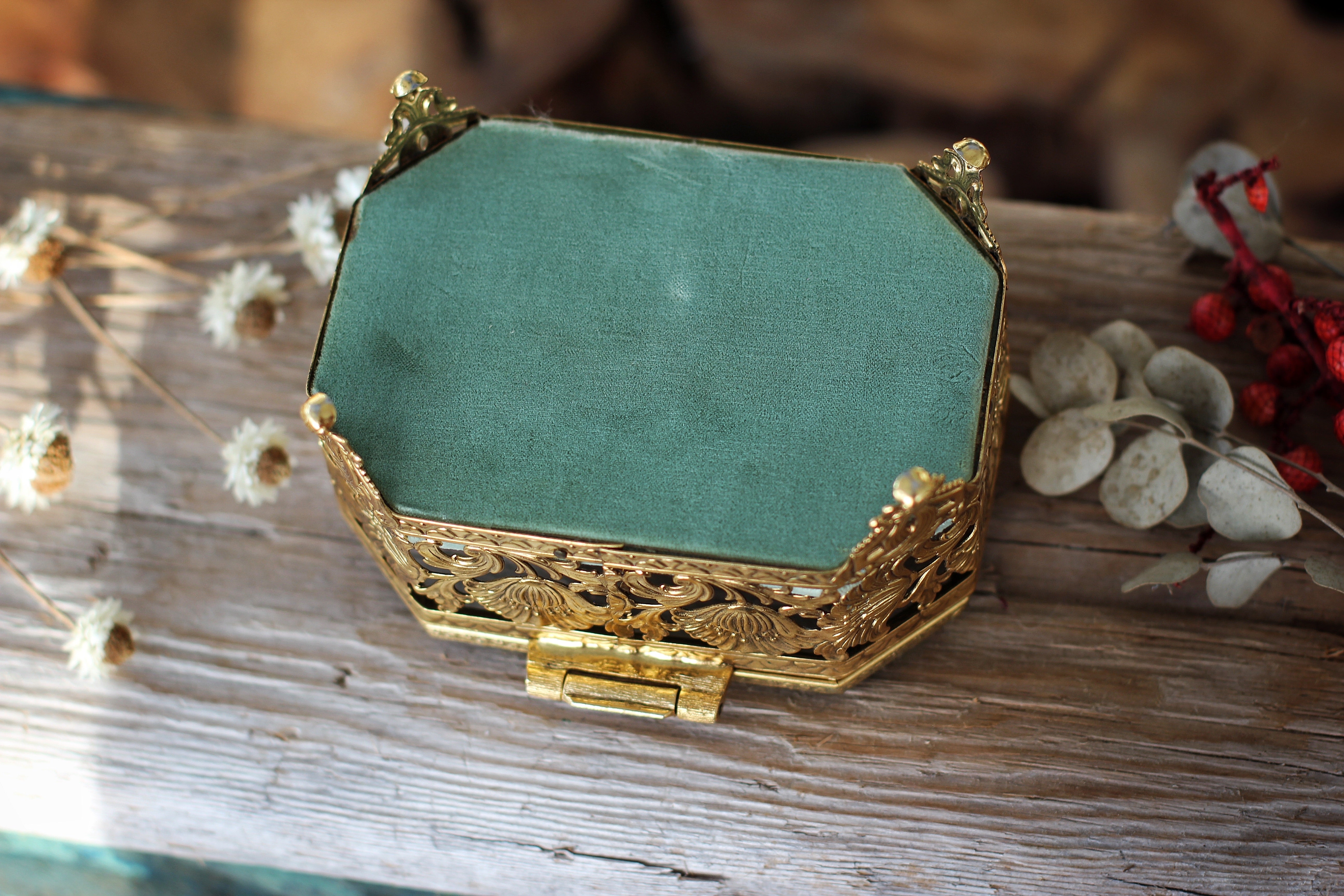 Antique Turquoise Floral Dogwood Jewelry Box