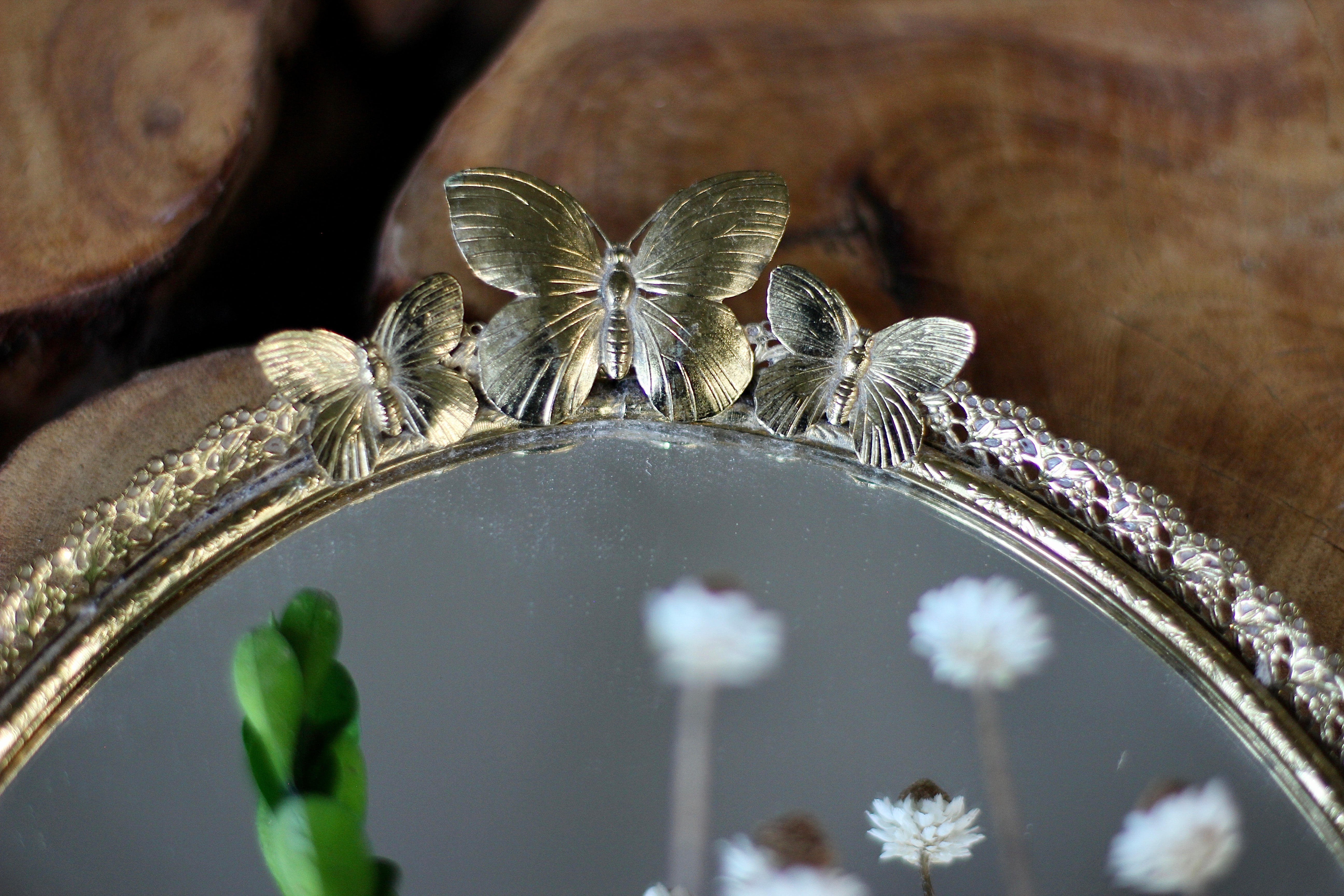 Antique Rare Butterfly Mirror Tray