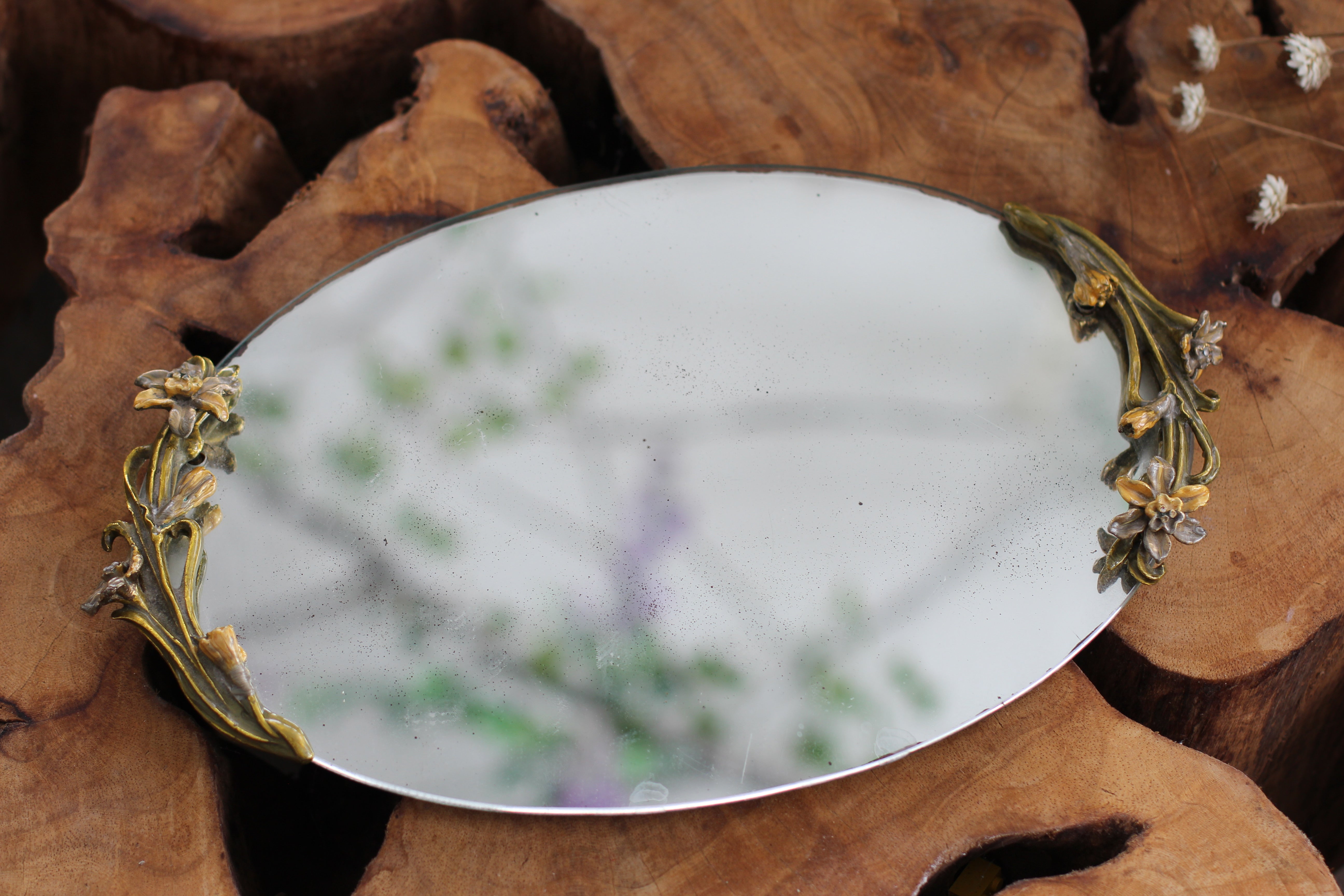 Antique Floral Enamel Mirror Tray