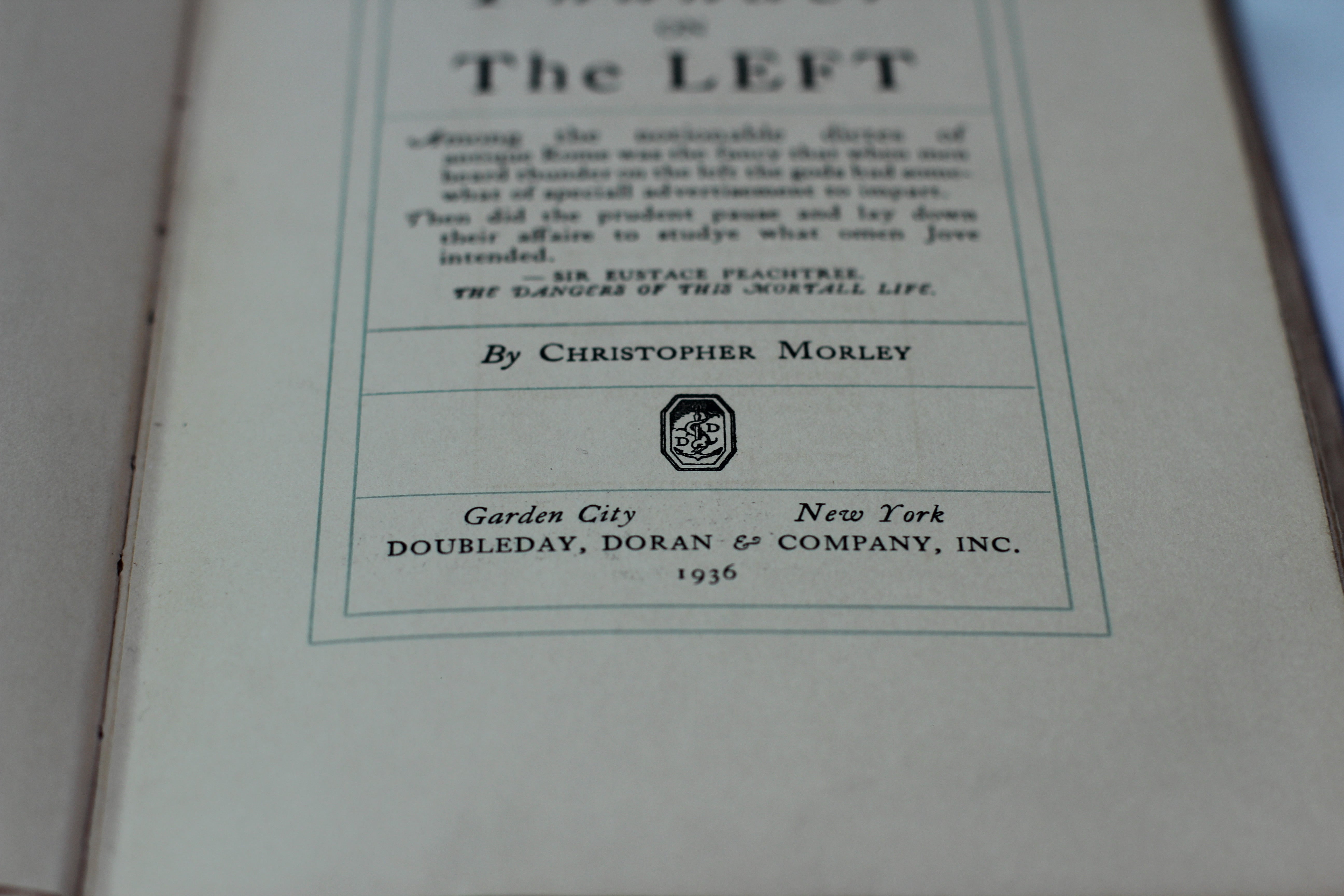 Antique Book Thunder on the Left by Christopher Morley, 1936. Hardback.
