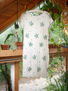 Vintage White Embroidered Blue Flowers Dress