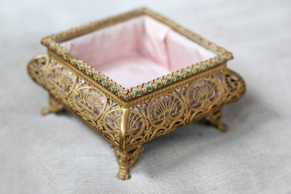 Antique French Filigree Pink Satin Jewelry Box