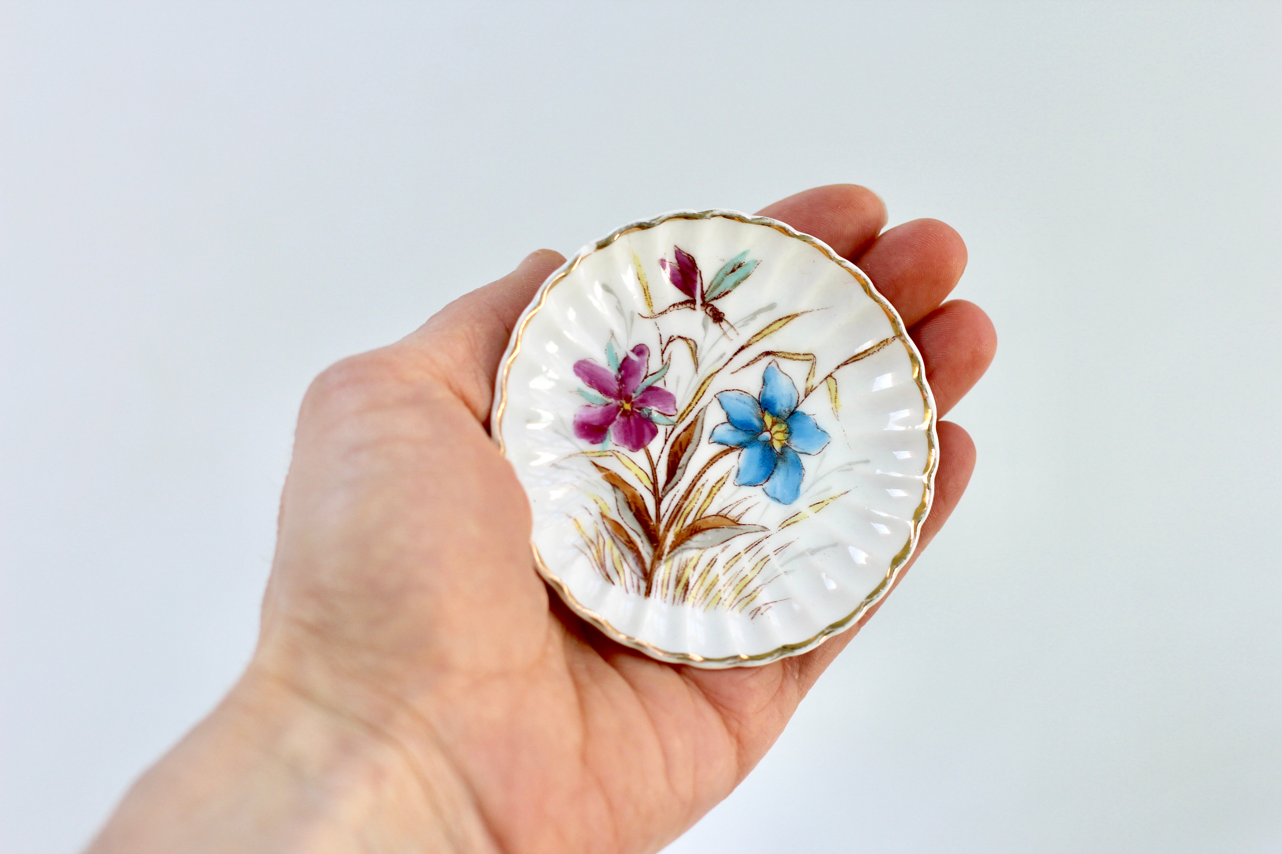 Antique Blue Pink Floral Porcelain Ring Dish