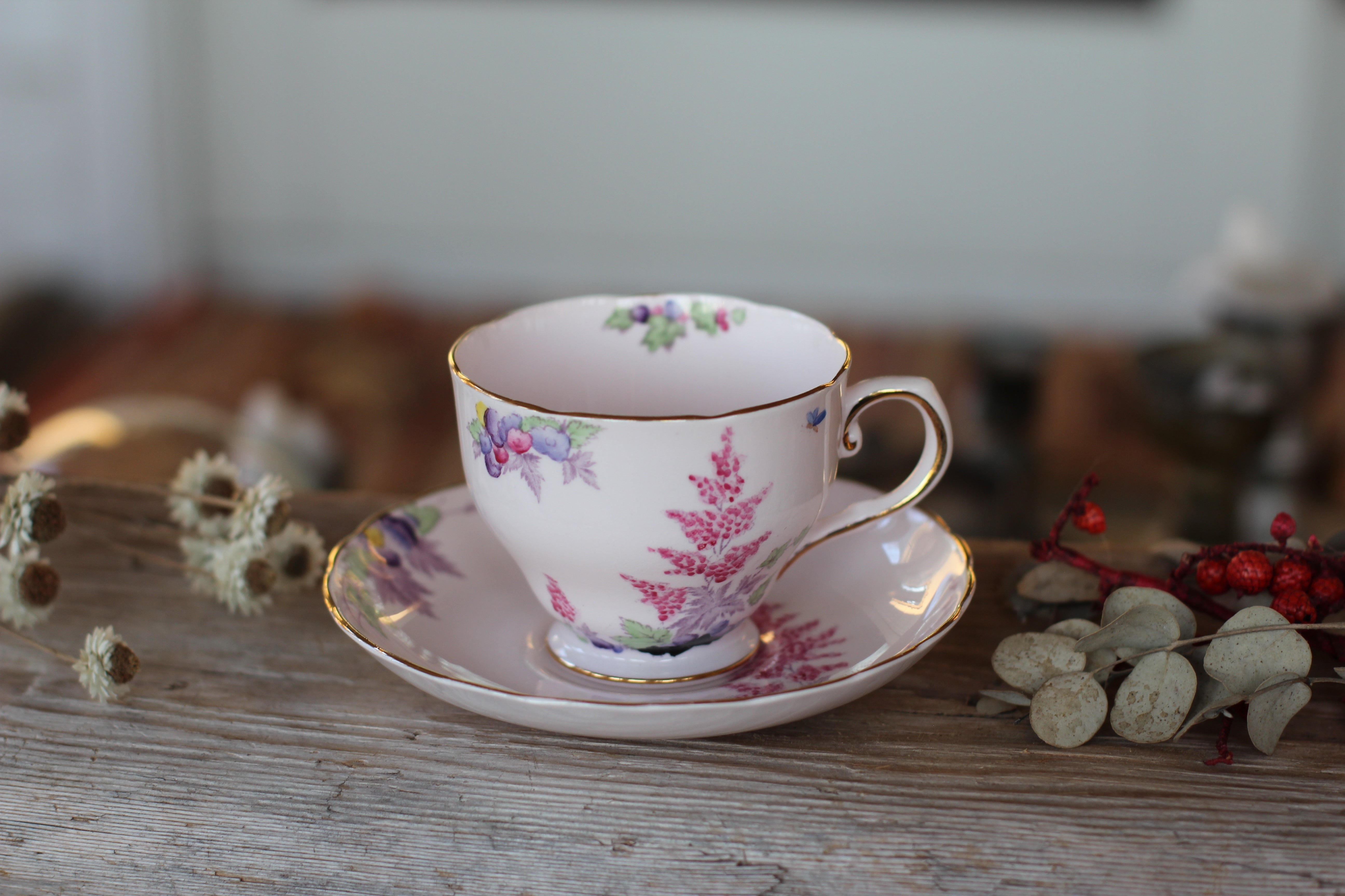 Vintage Pink Flowers Butterfly Tuscan Tea Cup Set