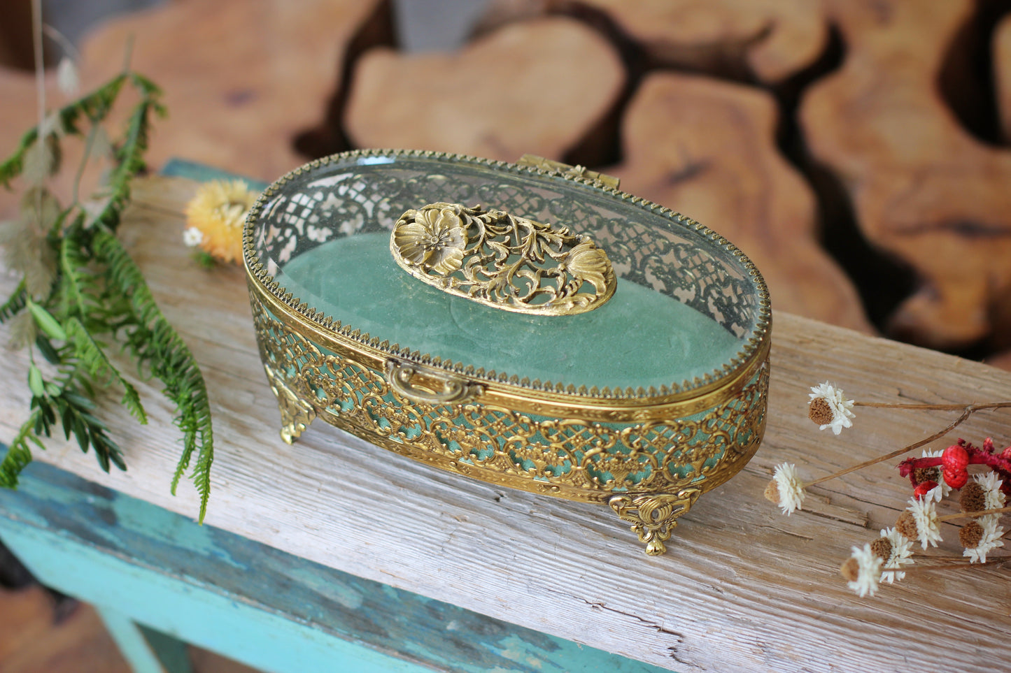 Antique Turquoise Oval Floral Dogwood Jewelry Box