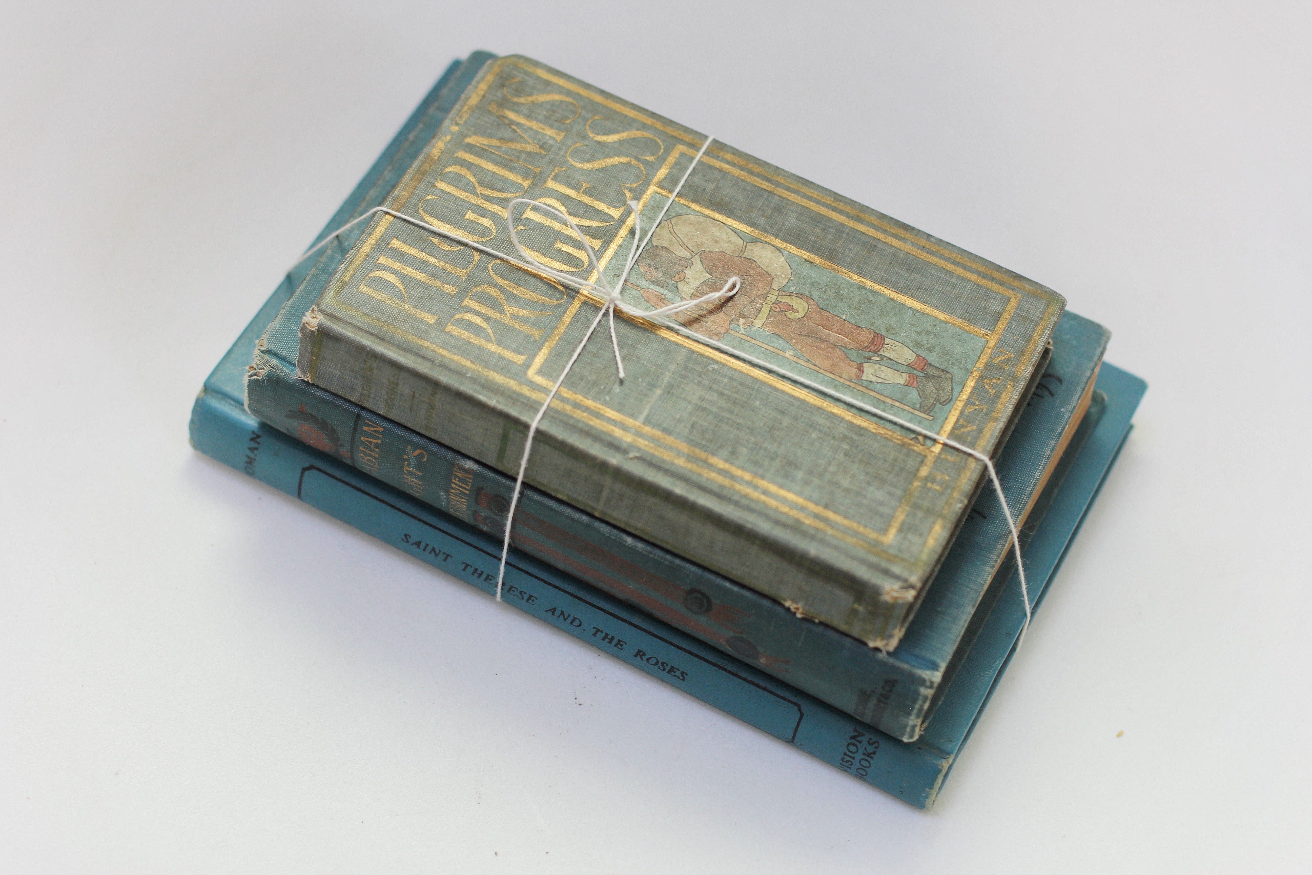 Three Antique Books Hardback Blue / Green Colors