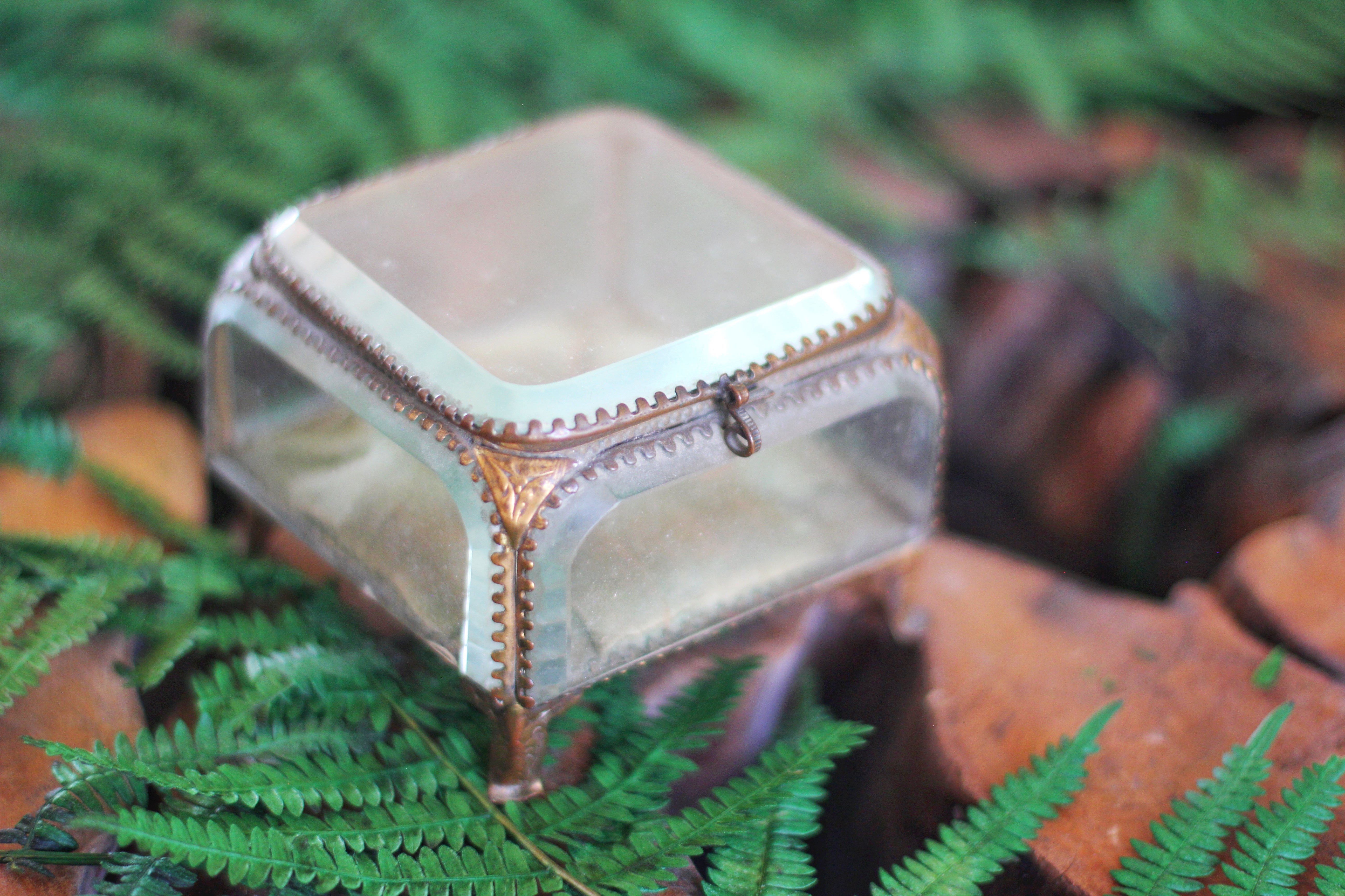 Antique French Victorian Tufted Square Glass Jewelry Box Ormolu