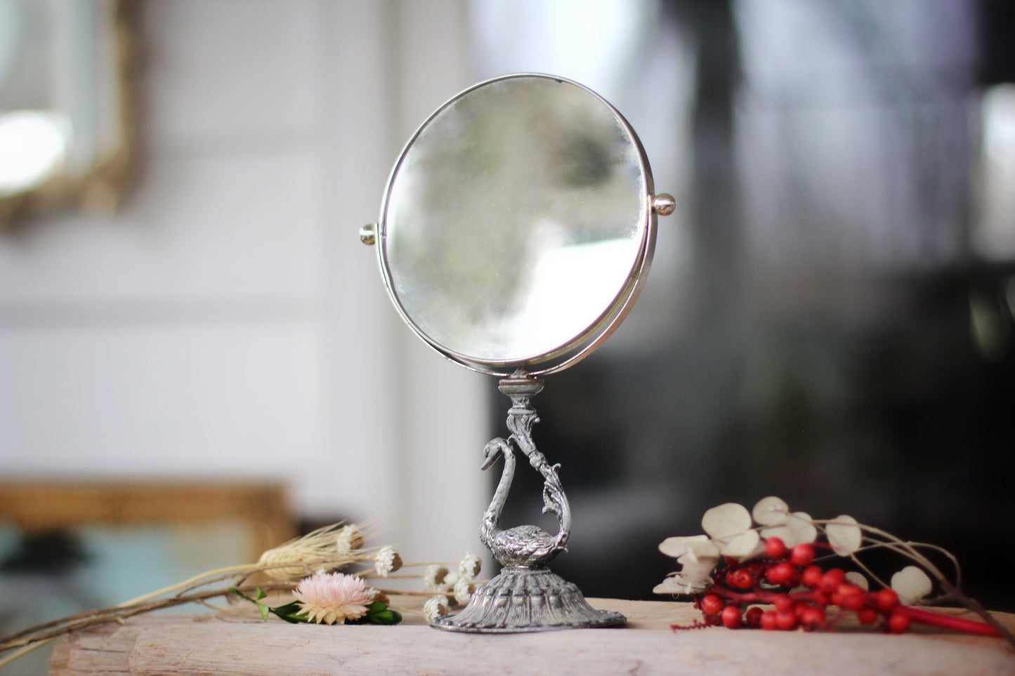 Vintage Silver Bird Vanity Pedestal Mirror on Base 2 Sided Magnifier