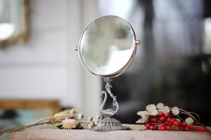 Vintage Silver Bird Vanity Pedestal Mirror on Base 2 Sided Magnifier