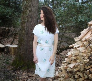 Vintage White Embroidered Blue Flowers Dress