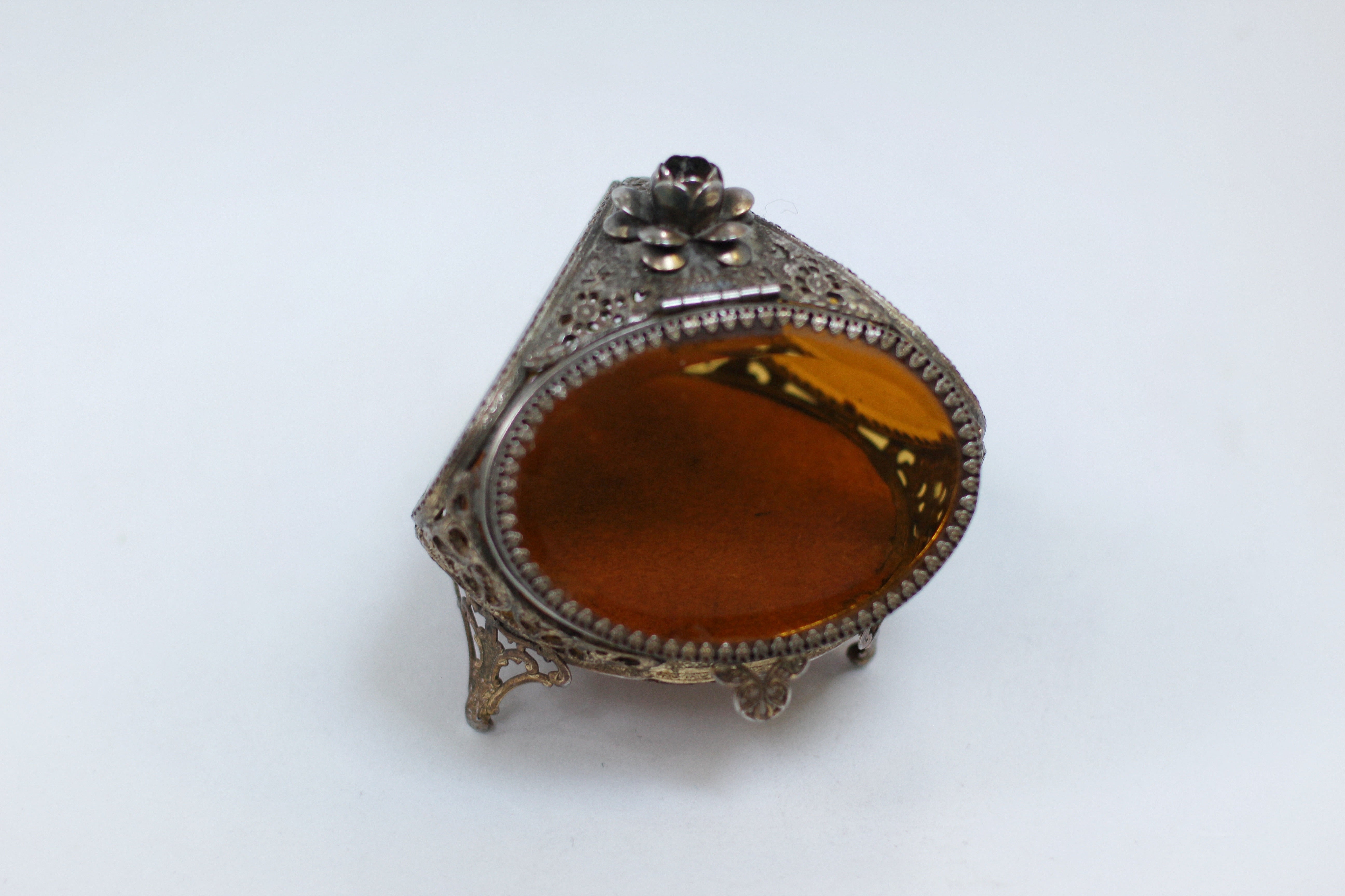Antique Rare Floral French Victorian Amber Glass Jewelry Box
