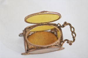 Antique Carriage Amber Glass Filigree Jewelry Box