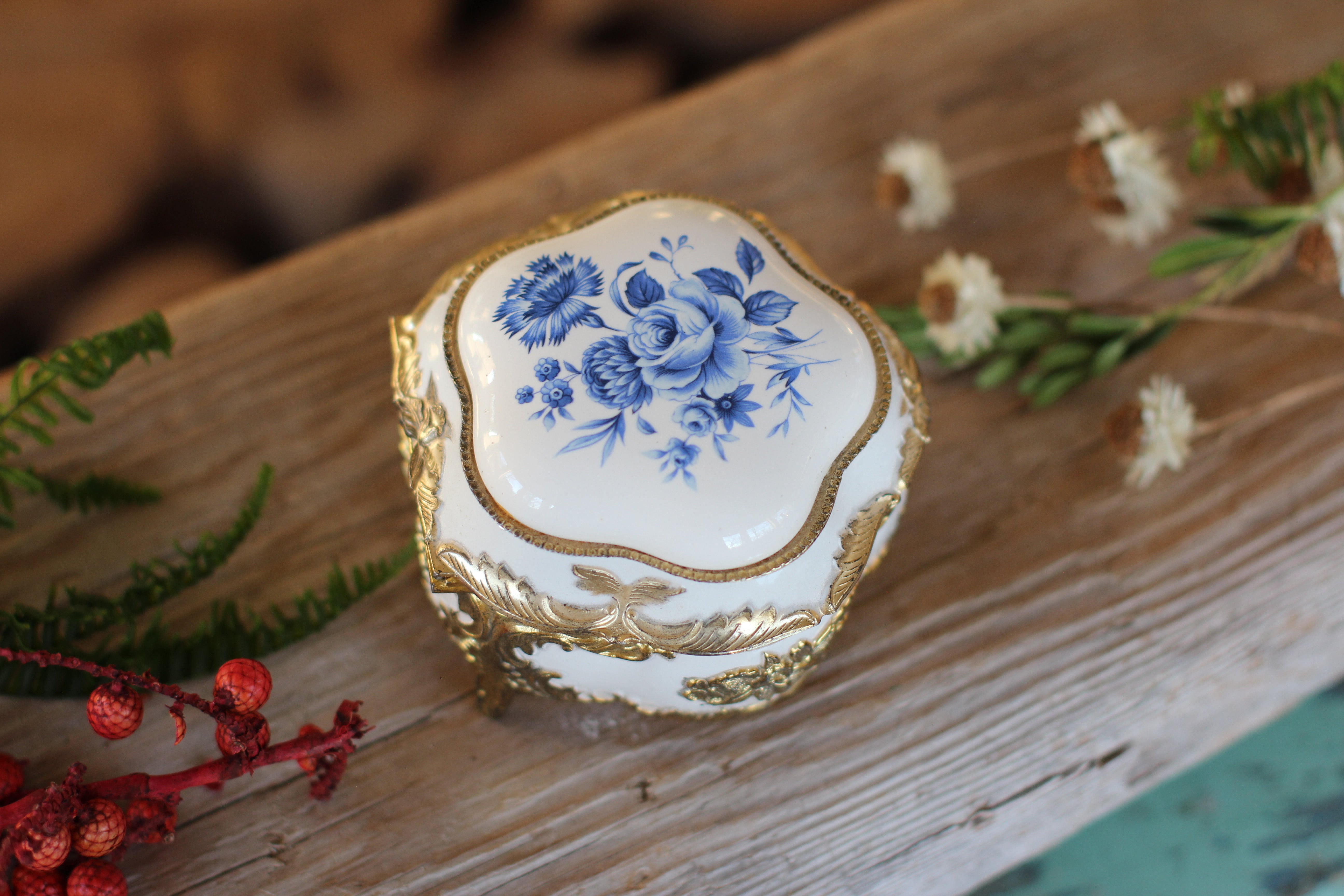 Antique Blue Flowers Jewelry Box