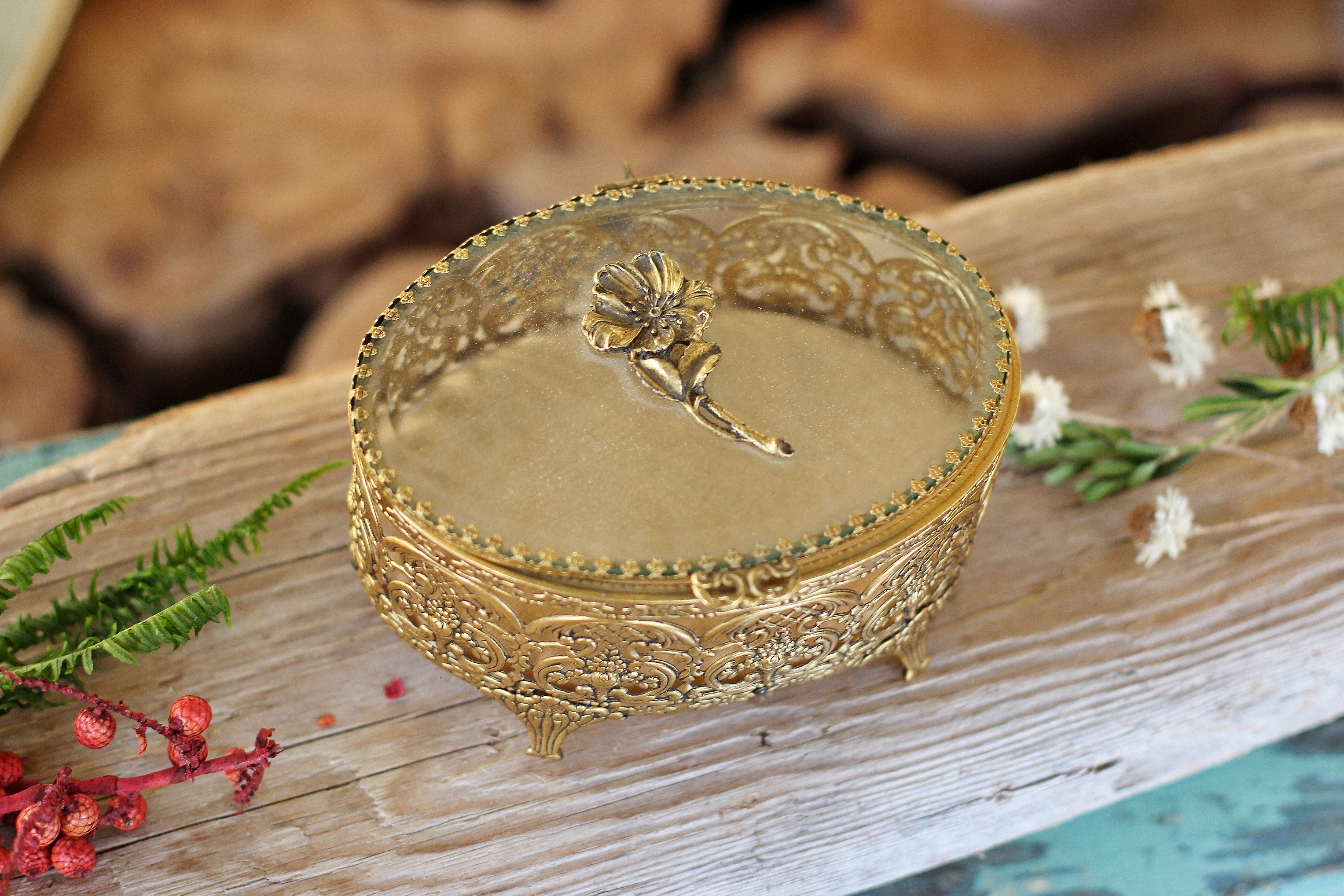 Antique Floral Dogwood Jewelry Box