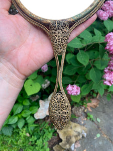 Antique Bronze Filigree 2 Sided Magnifying Hand Mirror