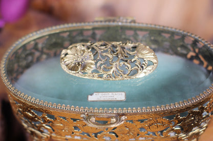 Antique Turquoise Oval Floral Dogwood Jewelry Box