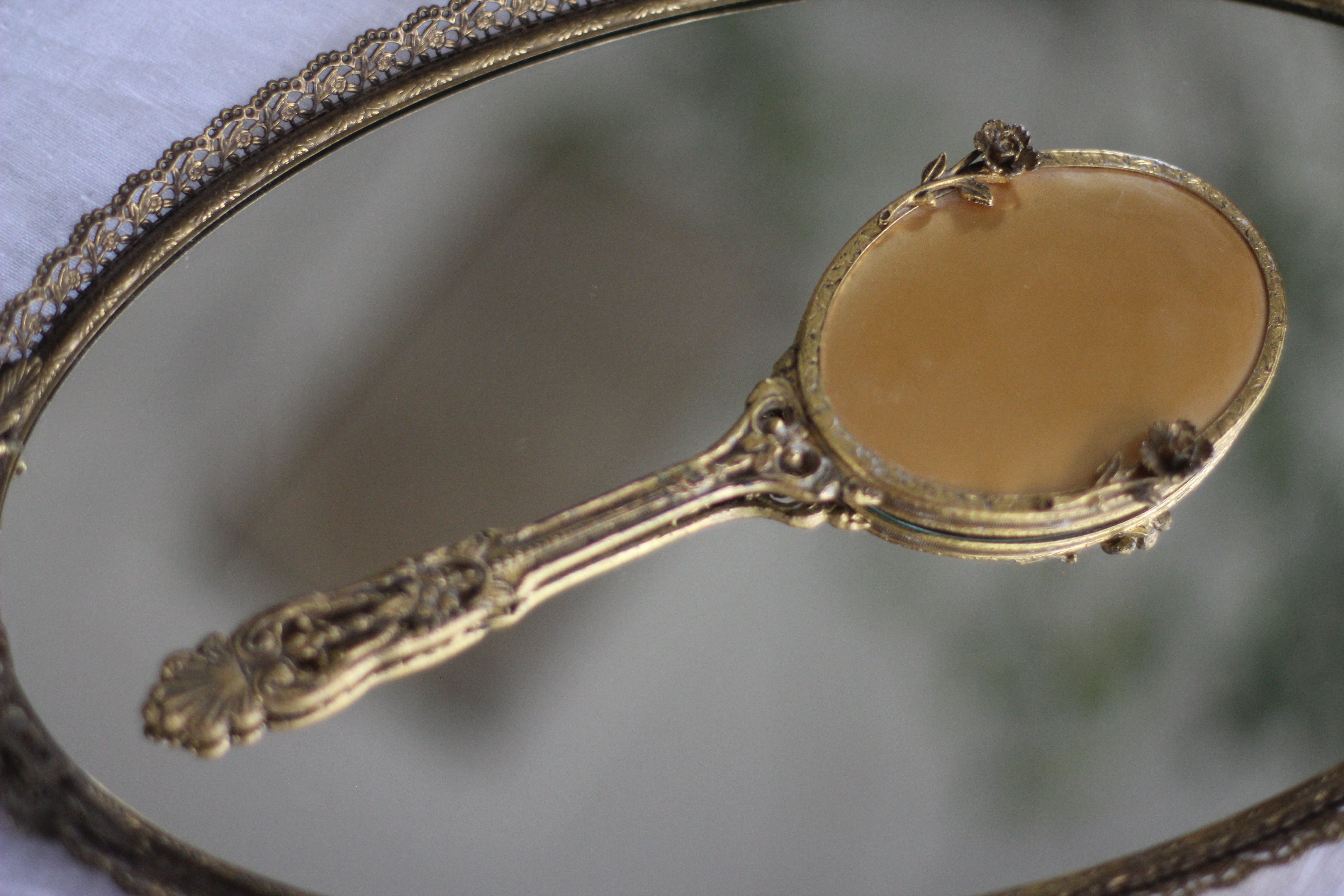 Antique Small Floral Hand Mirror