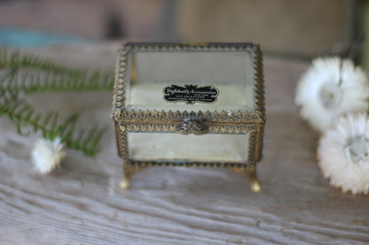 Vintage Small Ormolu Beveled Glass Jewelry Box