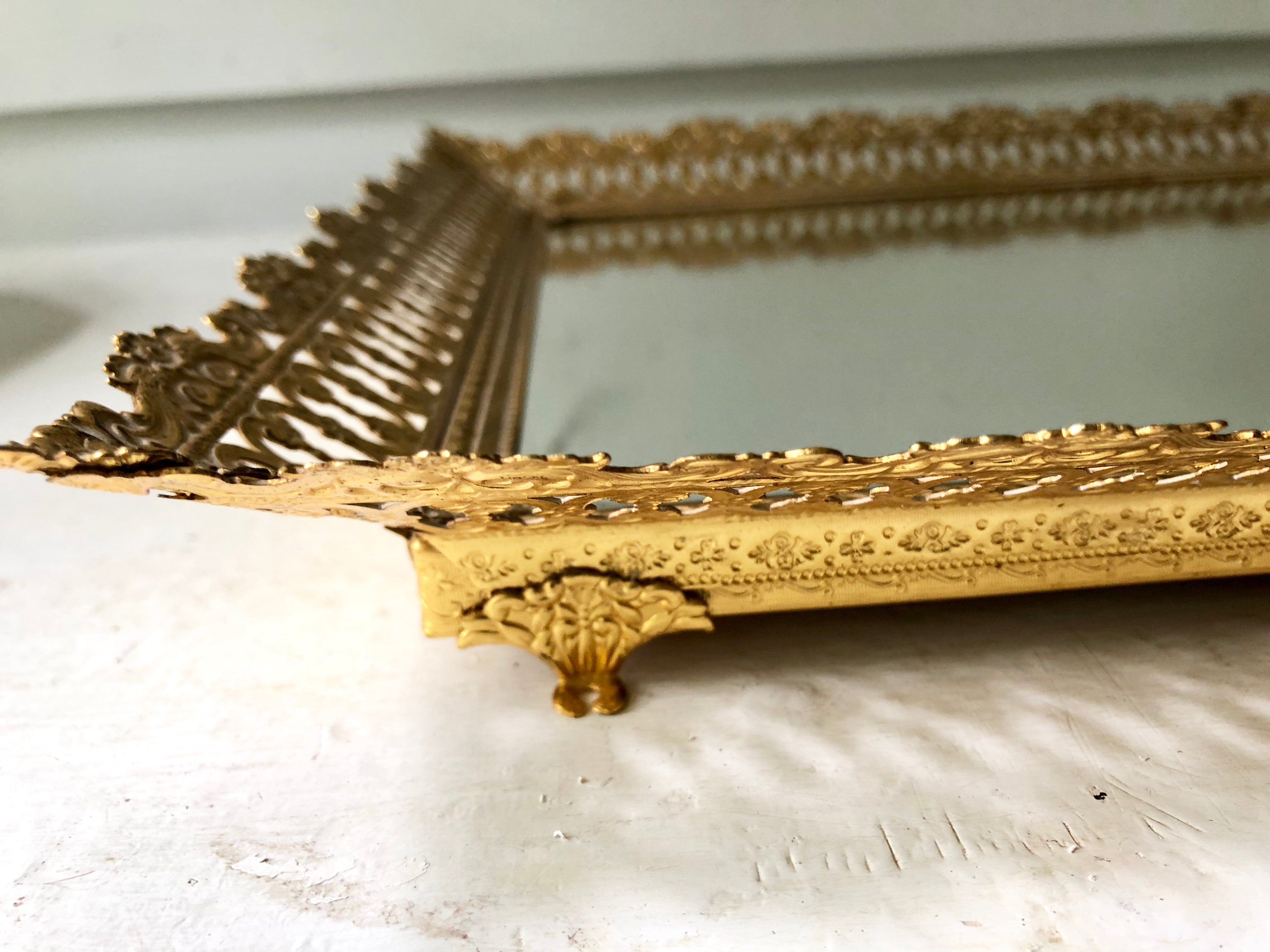 Antique Rectangle Lace Mirror Tray