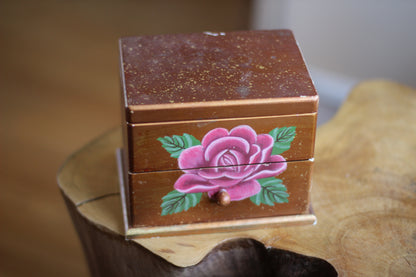 Vintage Wood Hand Painted Rose Floral Jewelry Box
