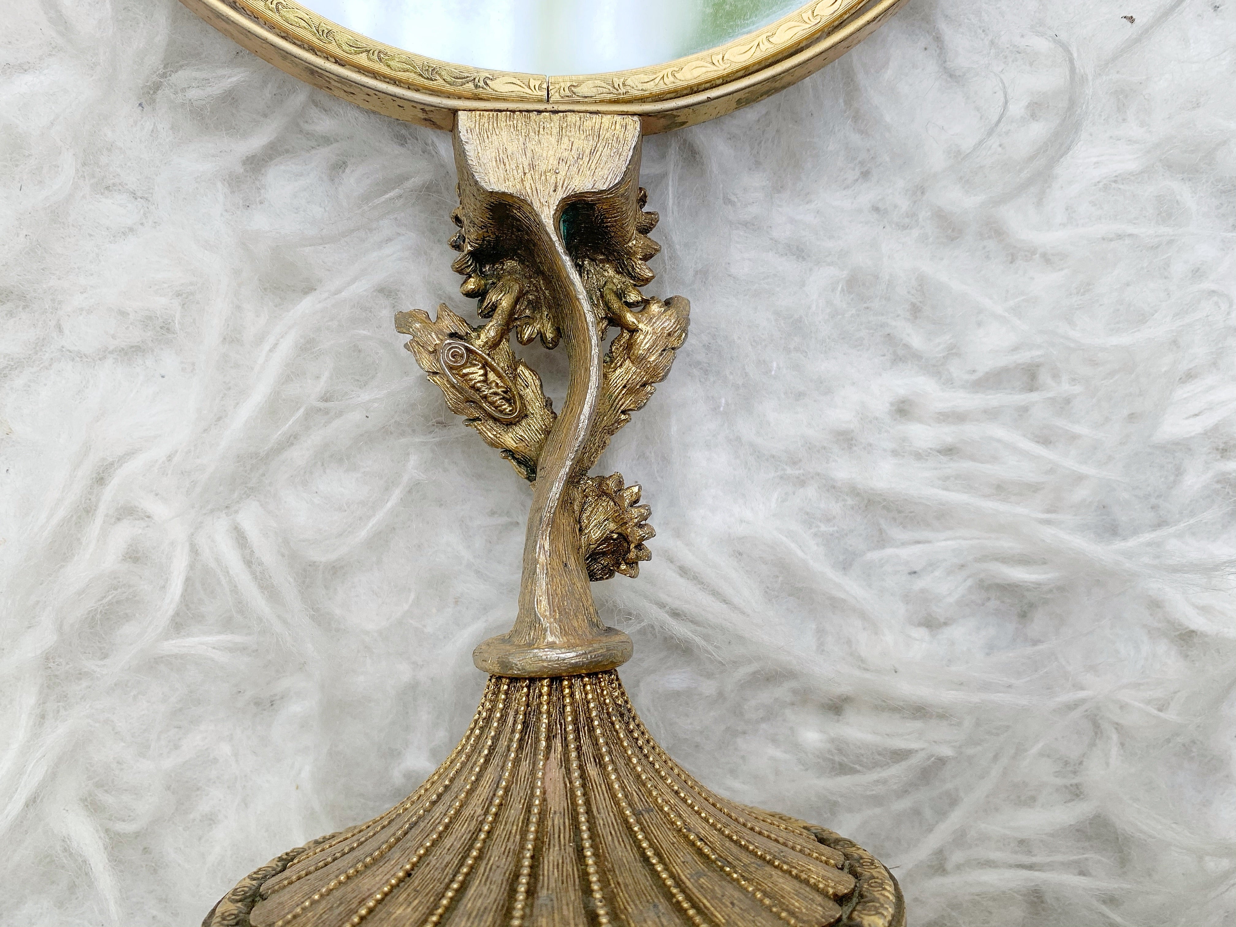 Vintage Matson Vanity Pedestal Mirror Gold Gilt Sunflower on Base 2 Sided Magnifier