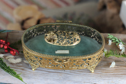 Antique Turquoise Oval Floral Dogwood Jewelry Box