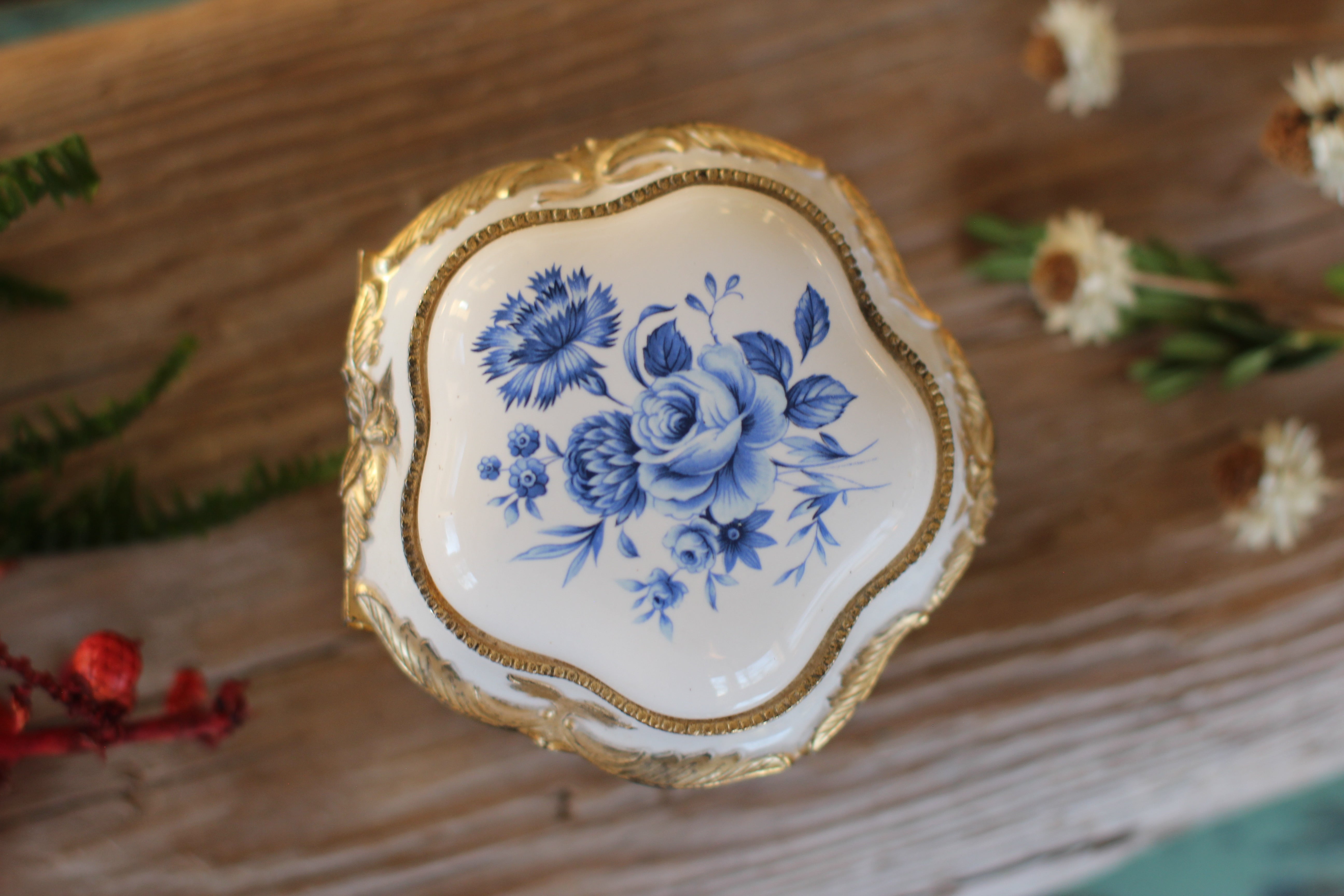 Antique Blue Flowers Jewelry Box