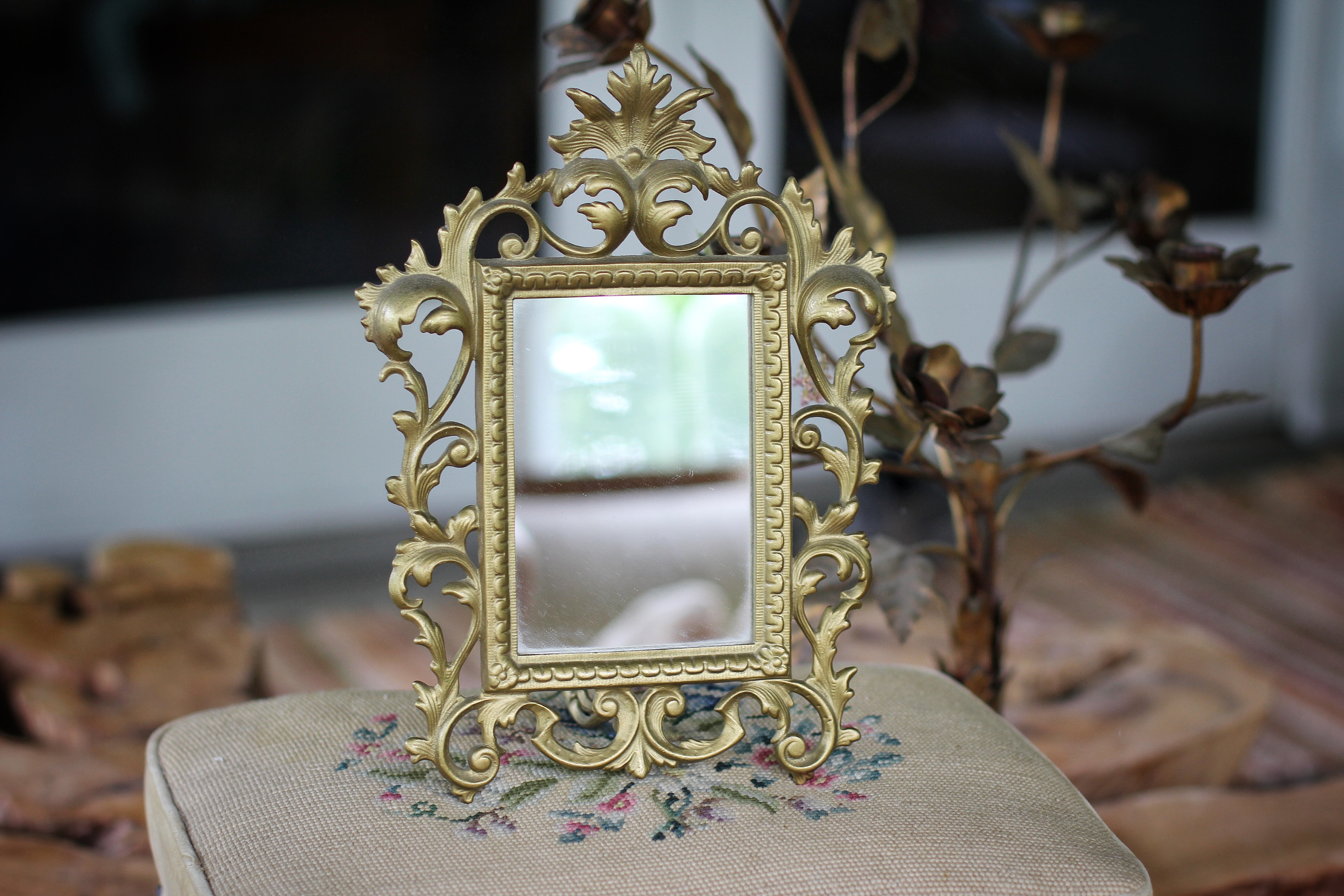Antique Cast Iron Victorian Bronze Mirror / Frame