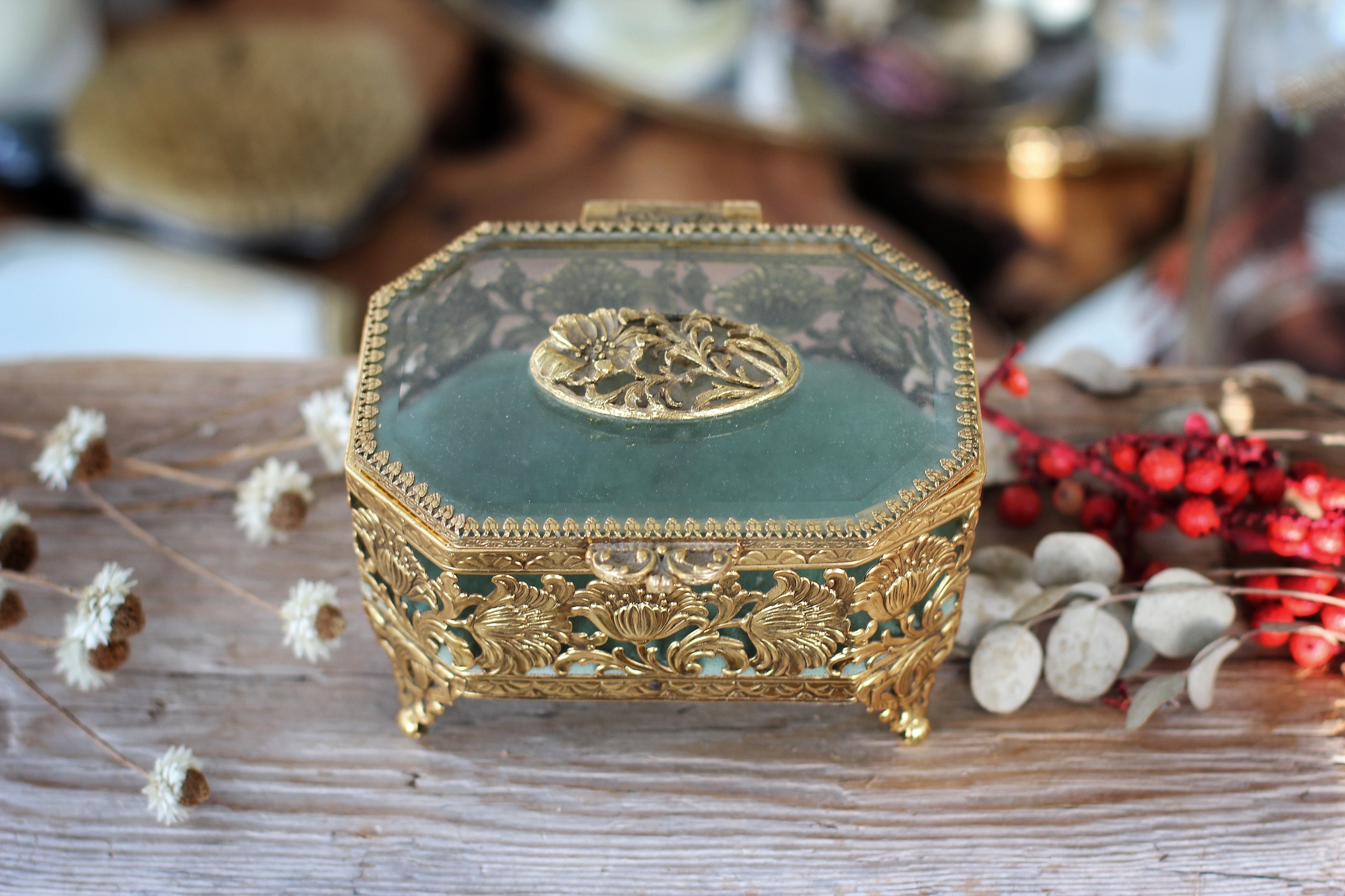 Antique Turquoise Floral Dogwood Jewelry Box