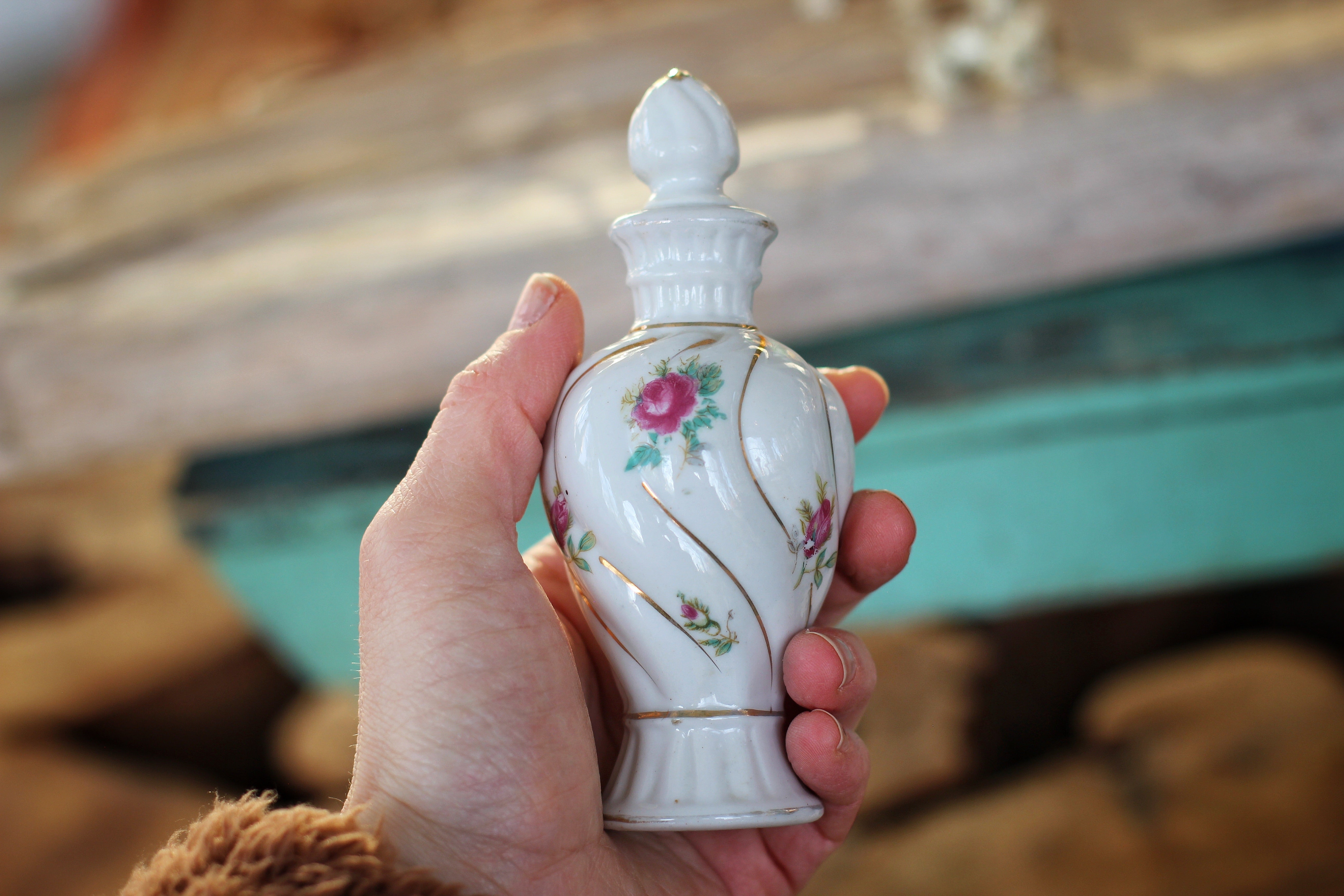 Antique Floral Roses Porcelain Perfume Bottle
