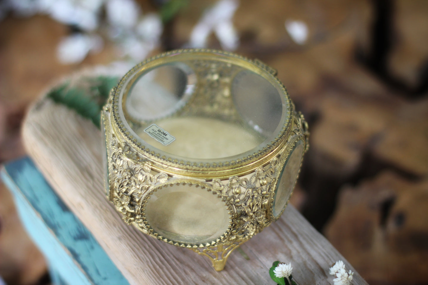 Antique Floral Rounded Glass Bronze Filigree Jewelry Box