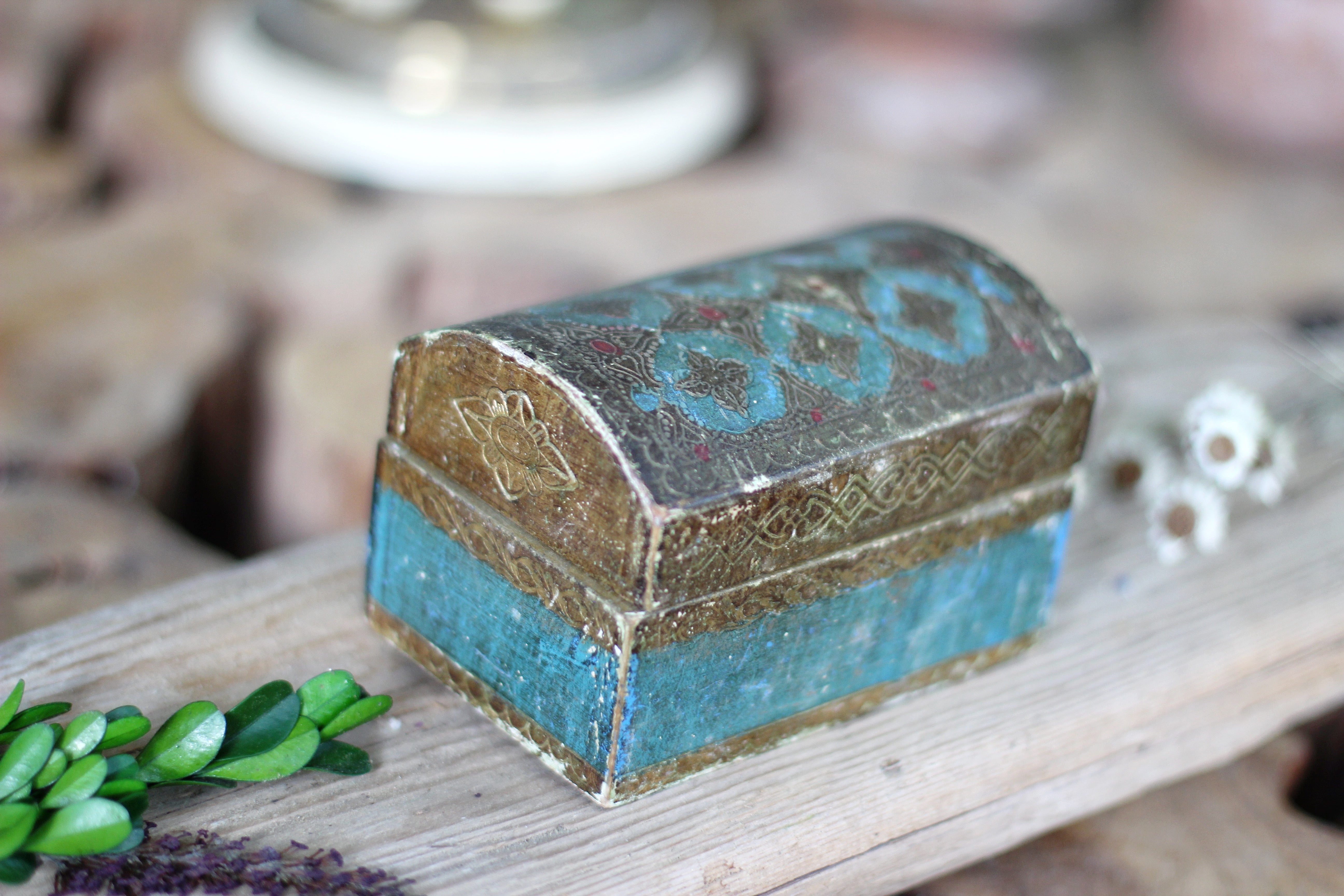 Antique Teal Florentine Treasure Chest Jewelry Box