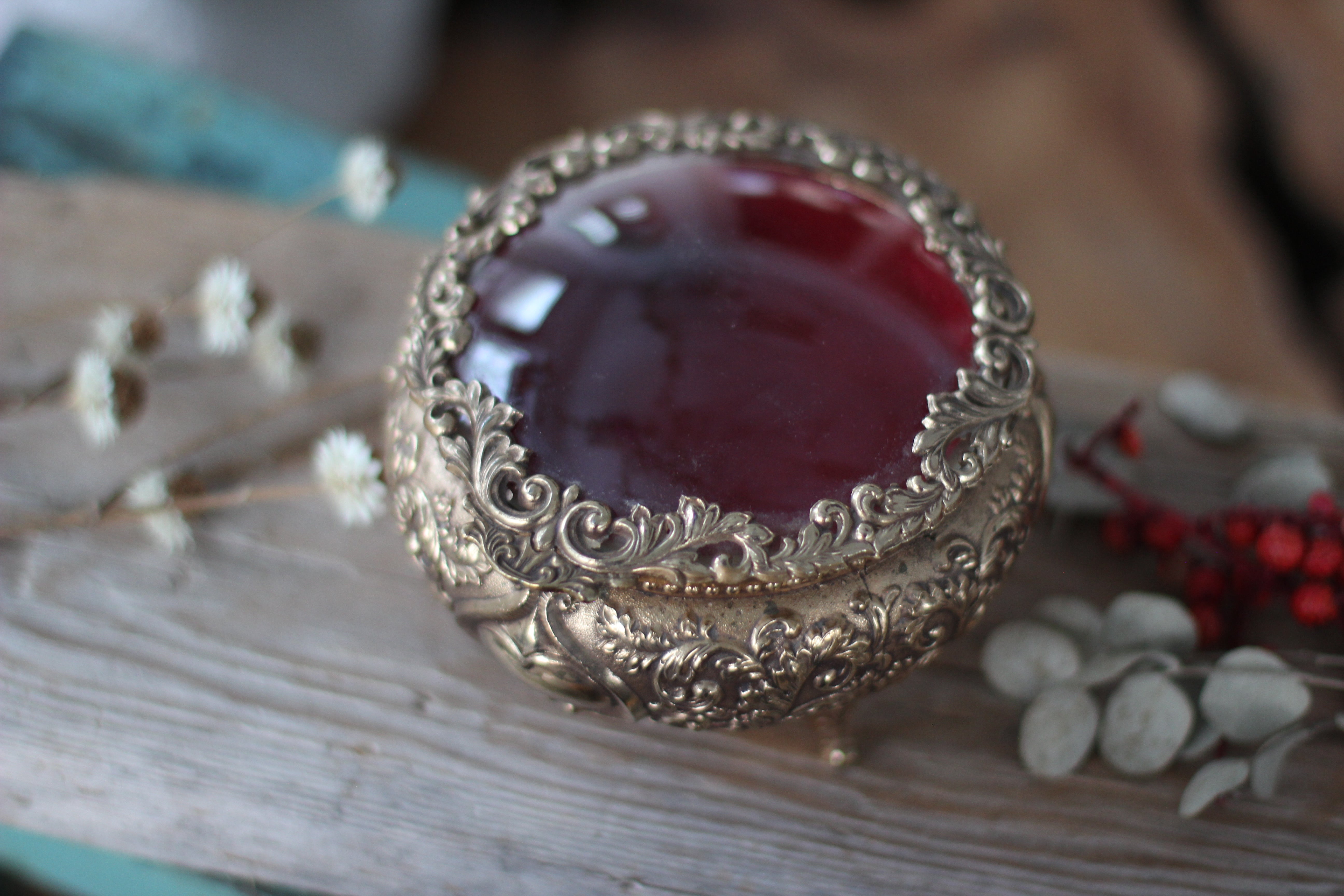 Antique Rounded Bronze Glass Jewelry Box
