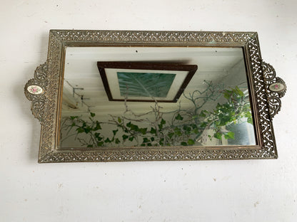 Antique Rectangle Floral Lace Mirror Tray