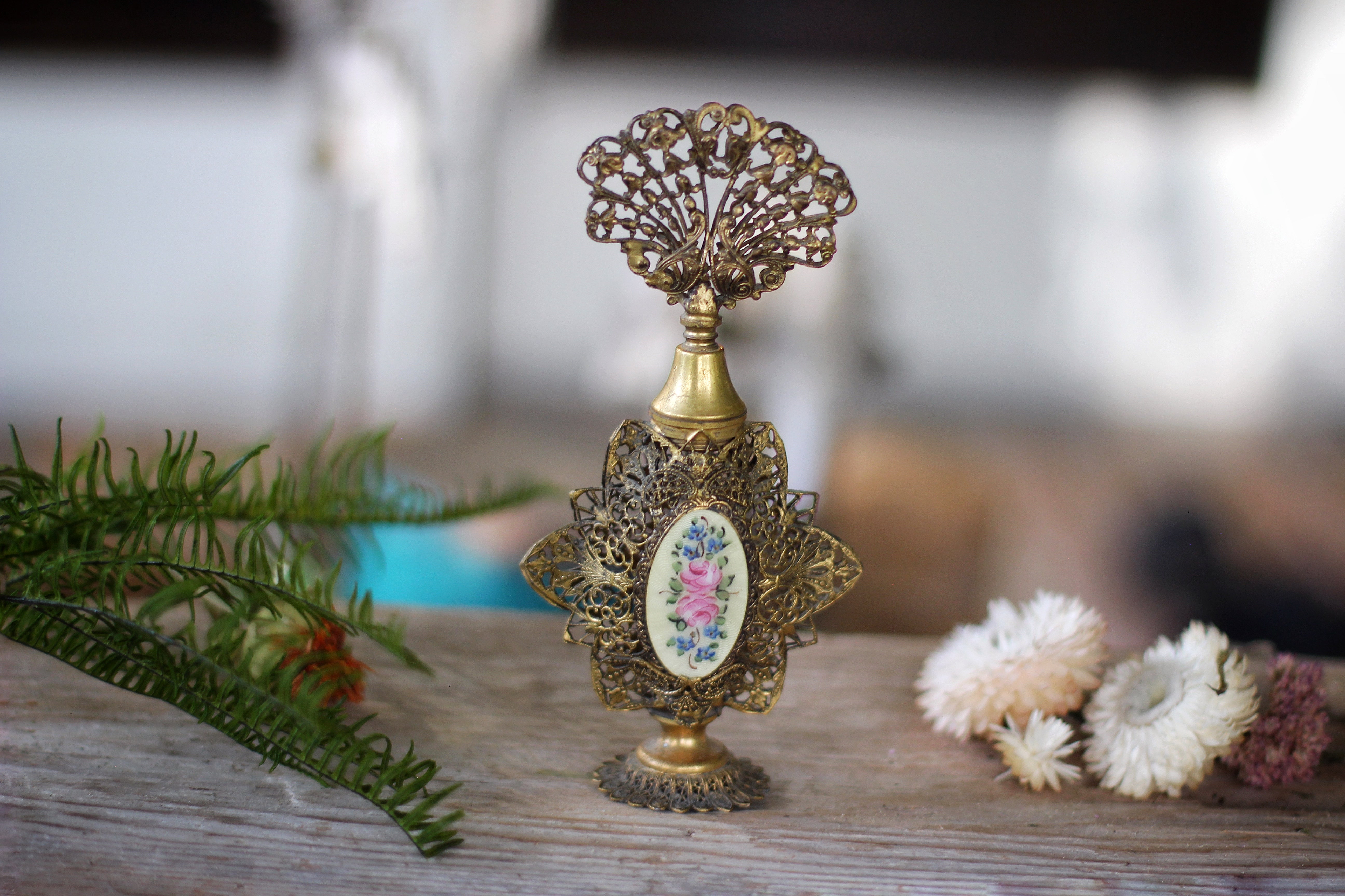 Antique Floral Bronze Filigree Perfume Bottle