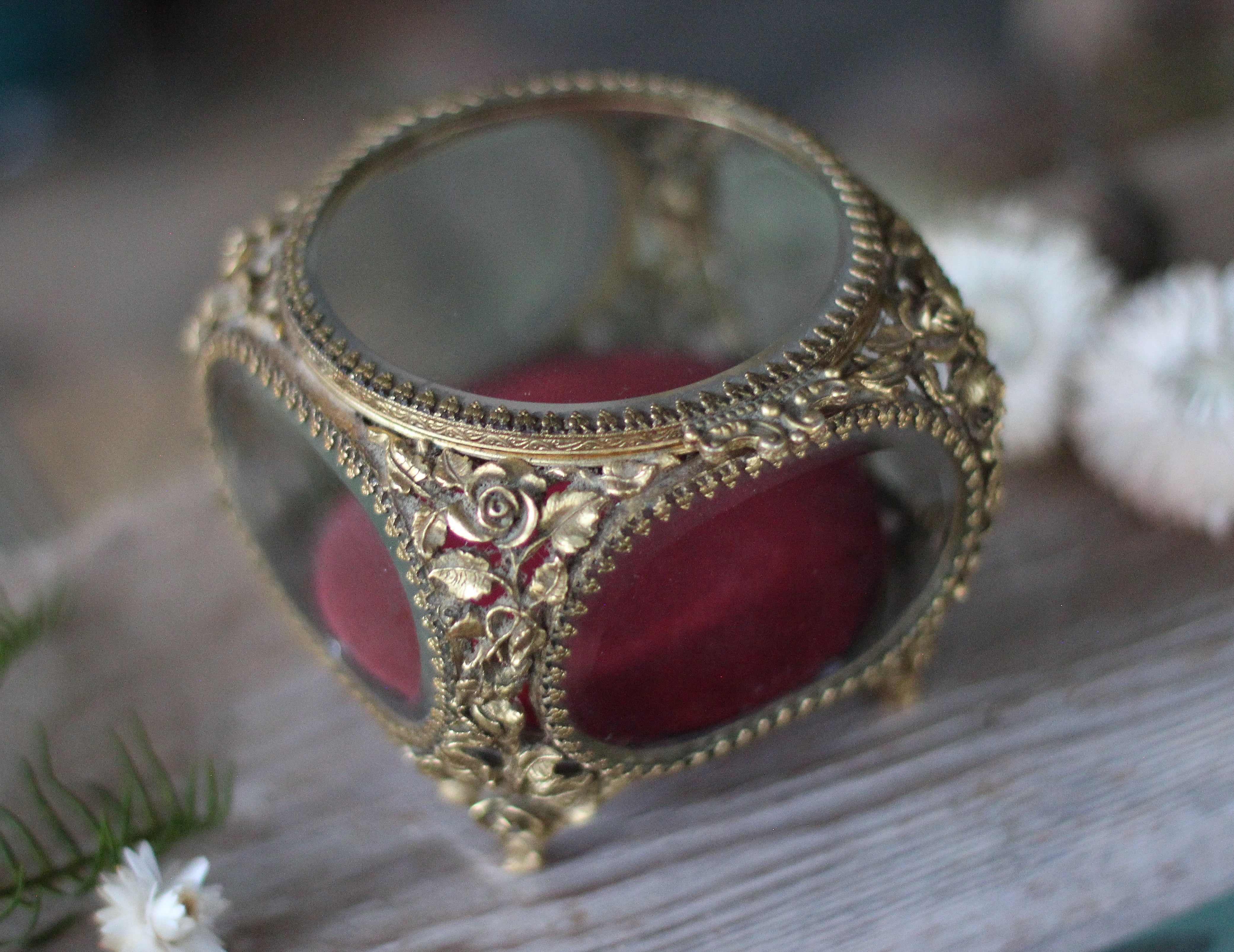 Antique Floral Red Velvet Matson Jewelry Box