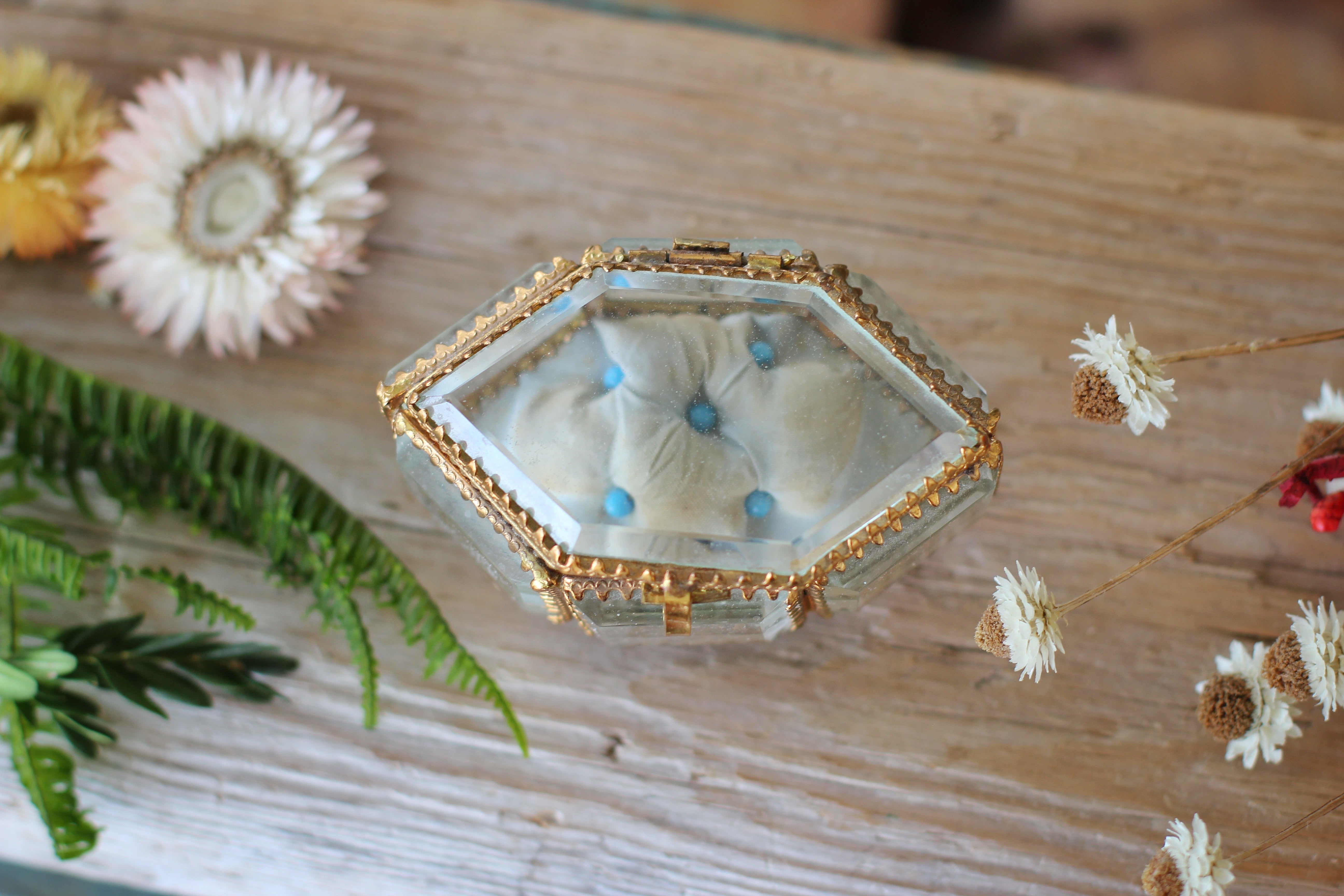 Antique French Victorian Blue Tufted Padding Jewelry Box