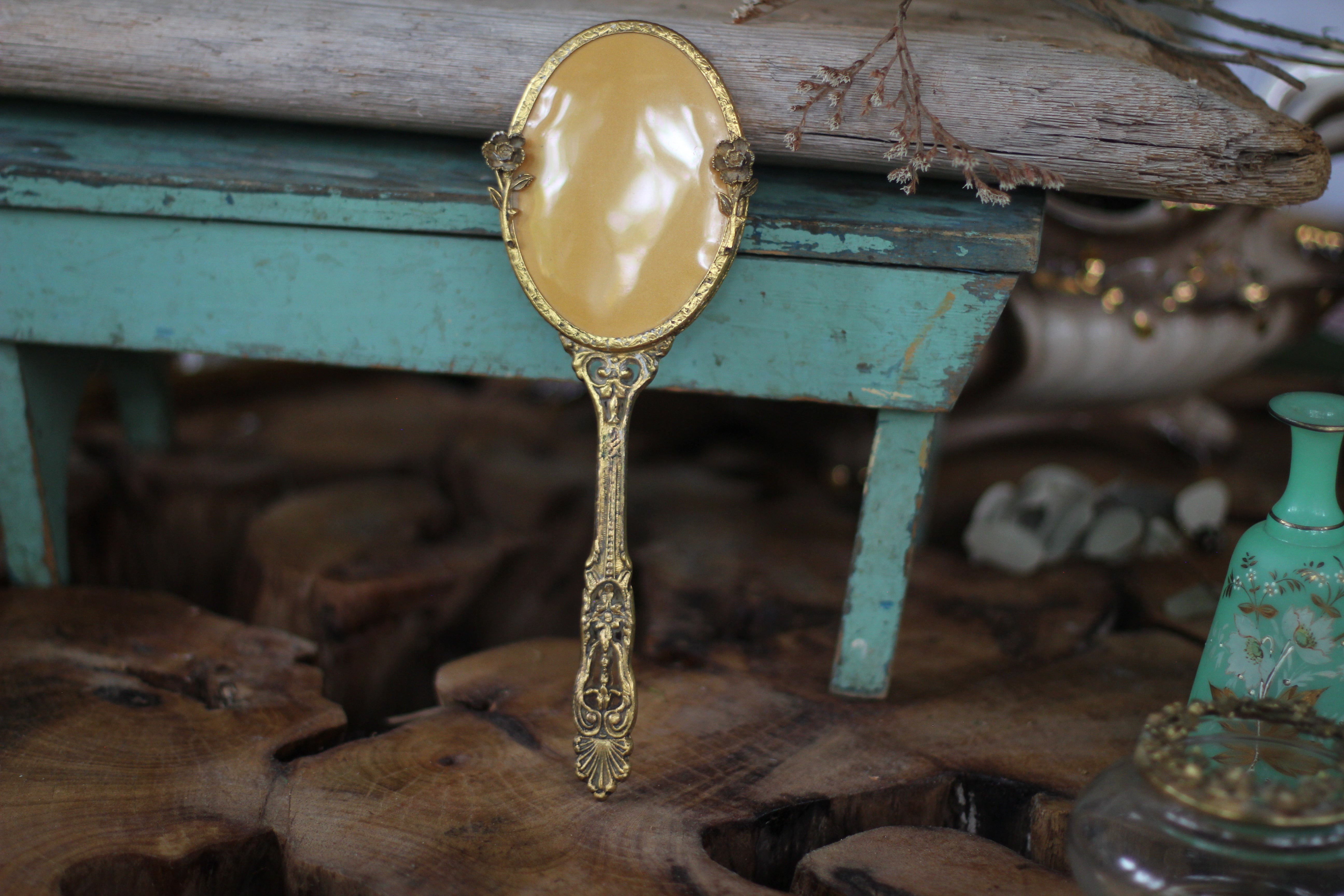 Antique Small Floral Hand Mirror