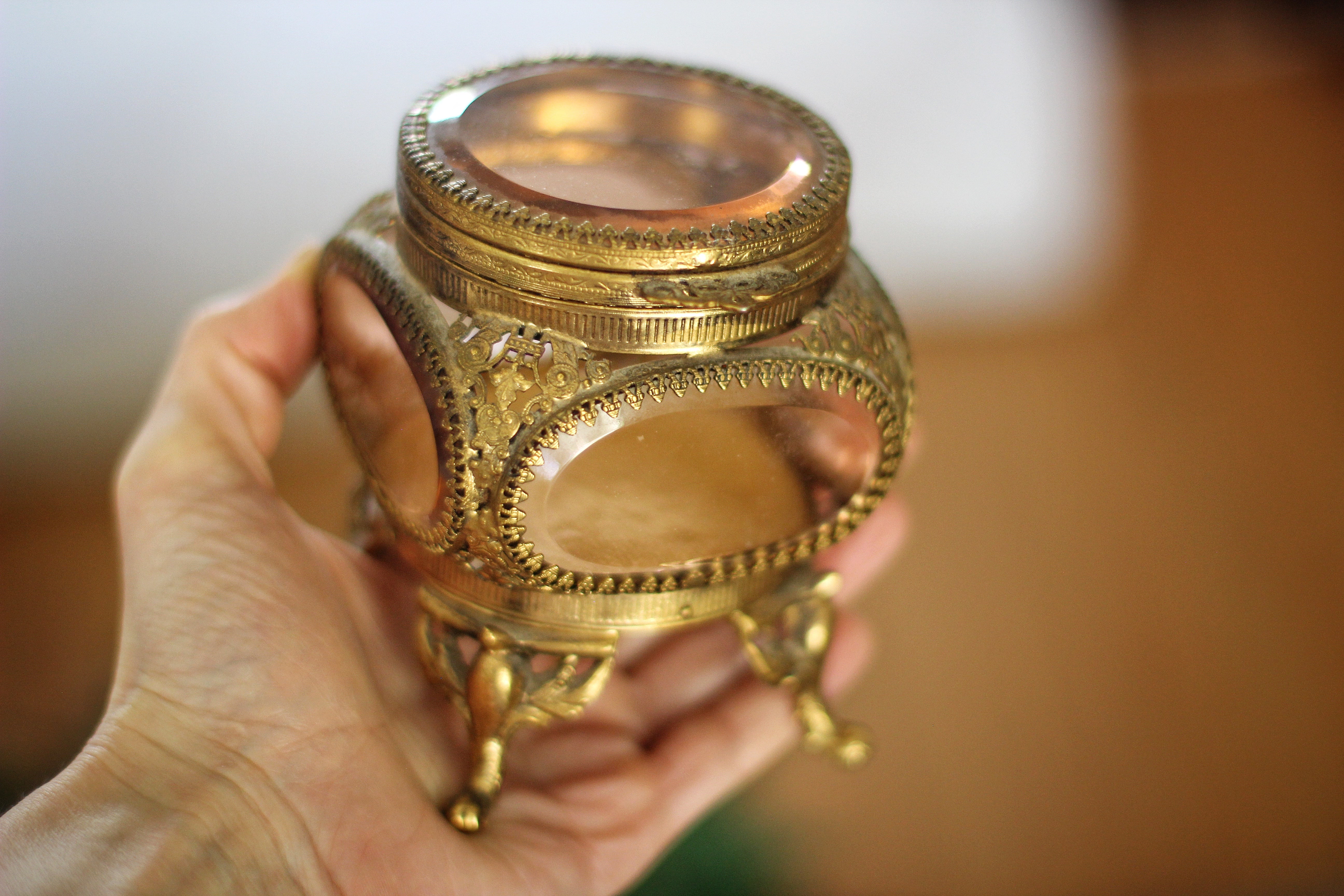 Antique Amber Tinted Glass Pedestal Jewelry Box