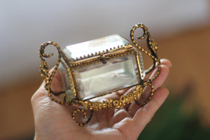 Antique French Victorian Carriage Glass Tufted Filigree Jewelry Box