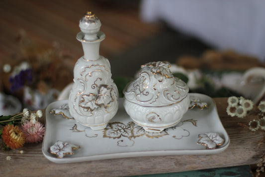 Antique Hand Painted Floral Ivy Porcelain Vanity Set