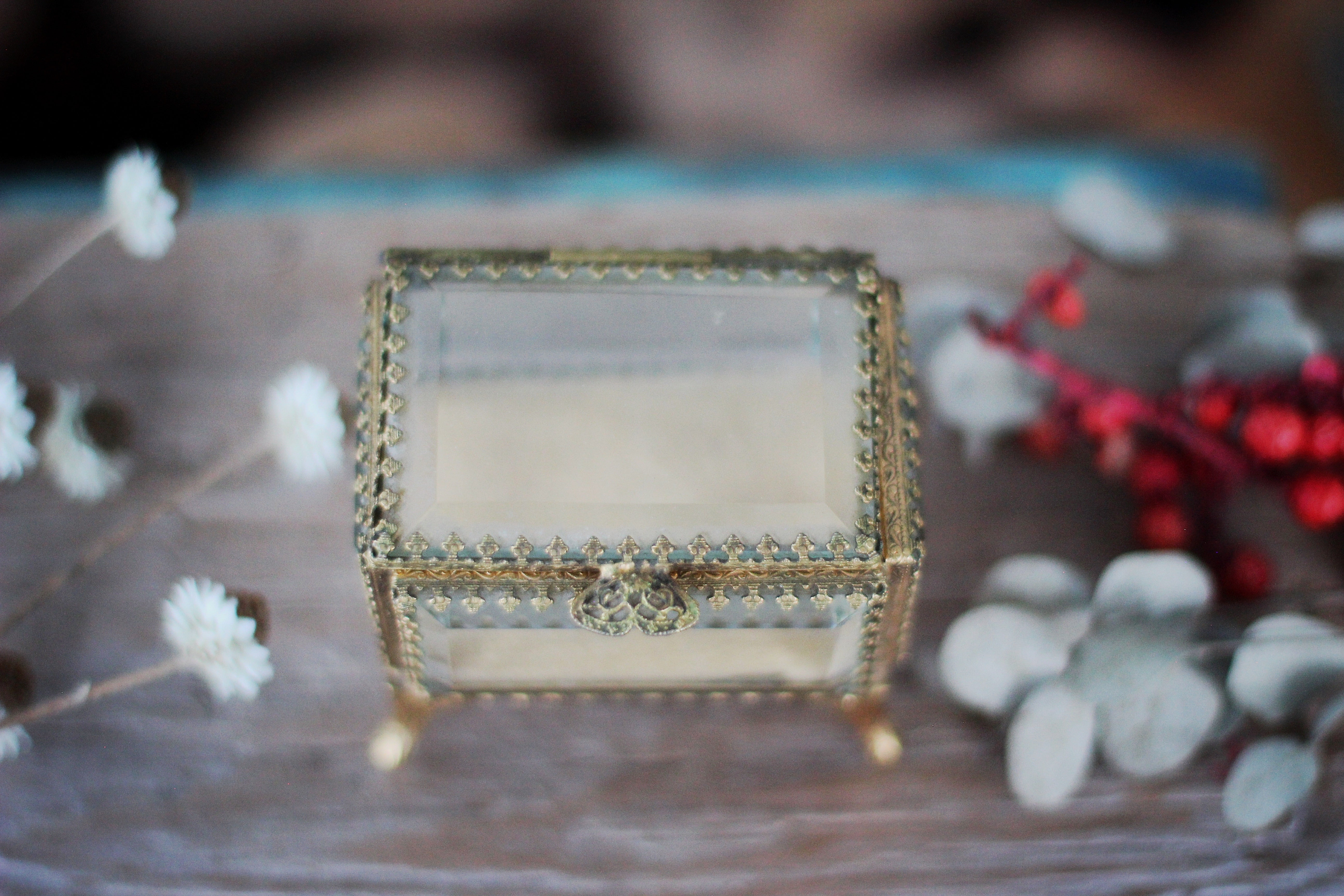 Vintage Small Ormolu Beveled Glass Jewelry Box