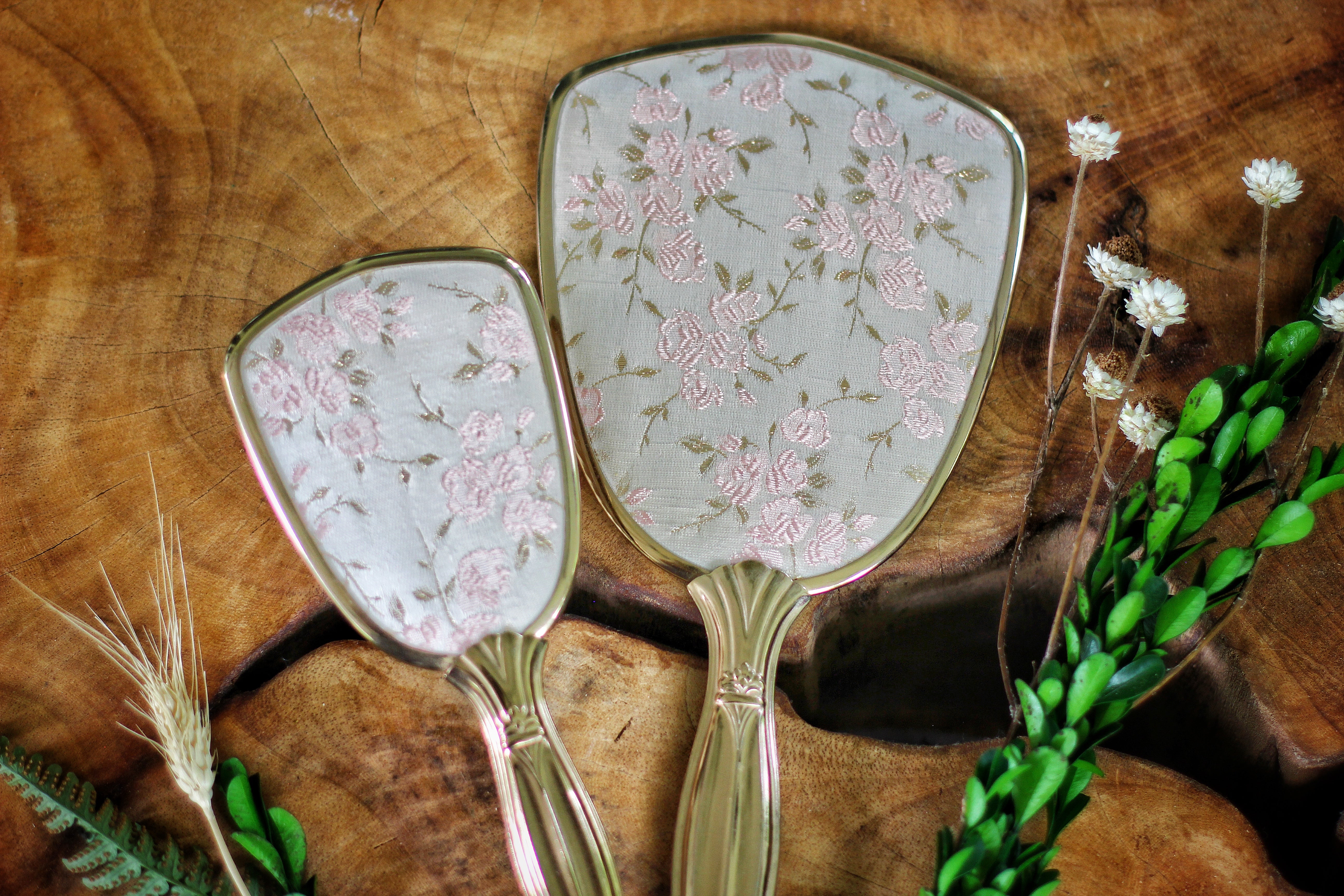 Antique Gold Pink Roses Floral Brocade Vanity Set