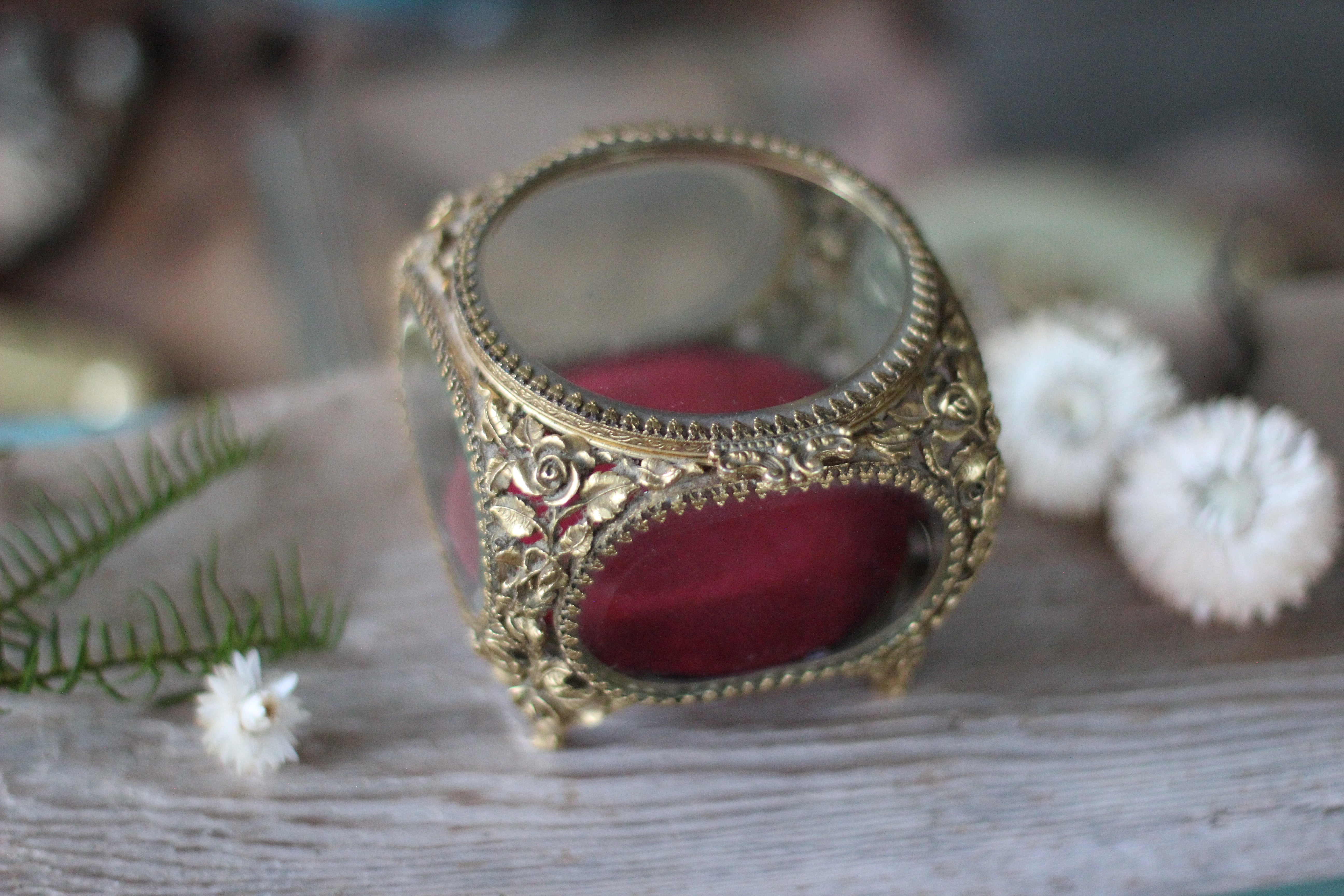 Antique Floral Red Velvet Matson Jewelry Box