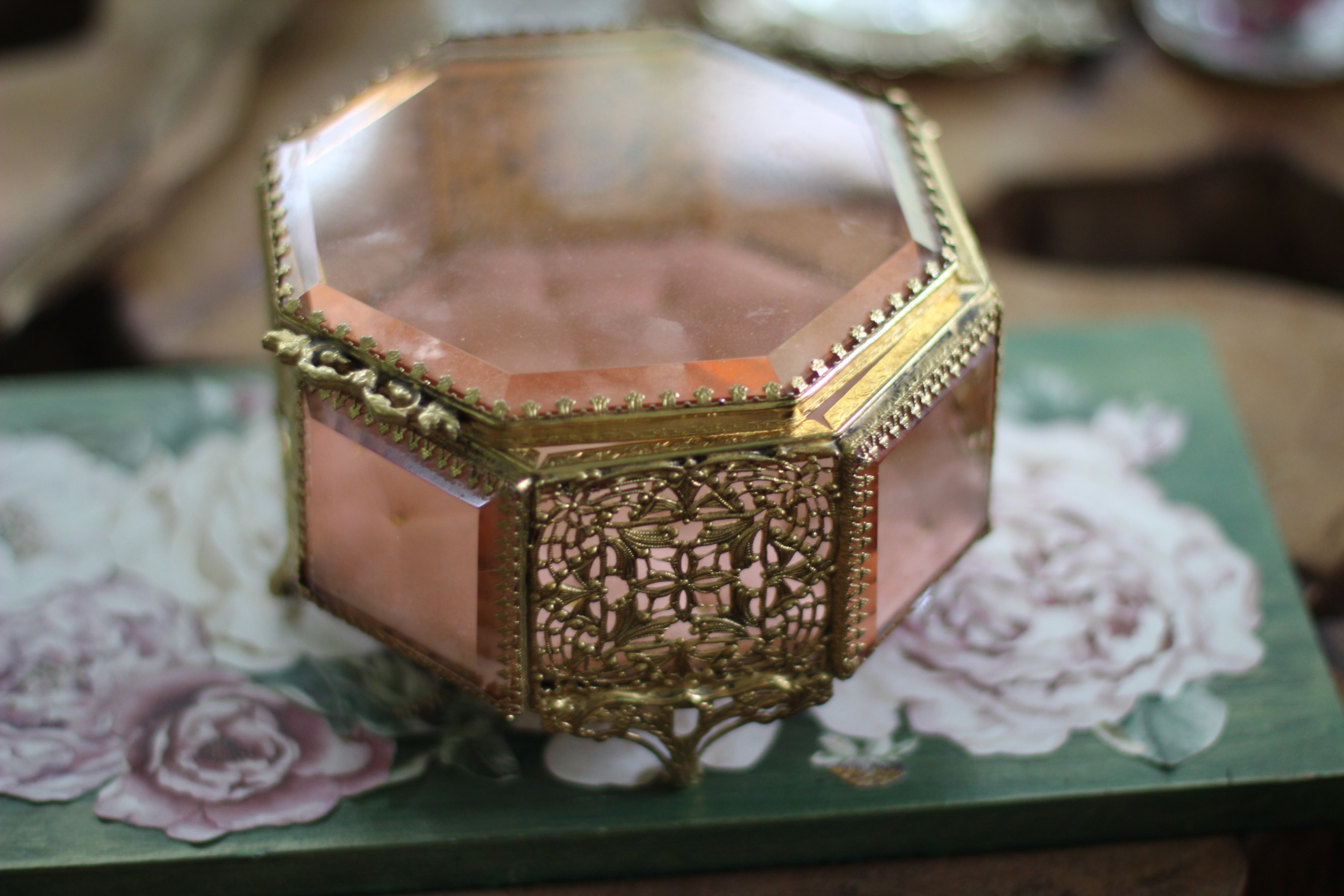 Antique Rare Pink Tufted Jewelry Box