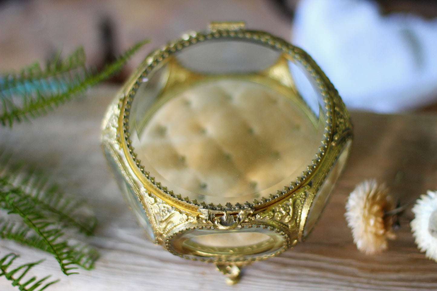 Antique Tufted Ormolu Filigree Jewelry Box