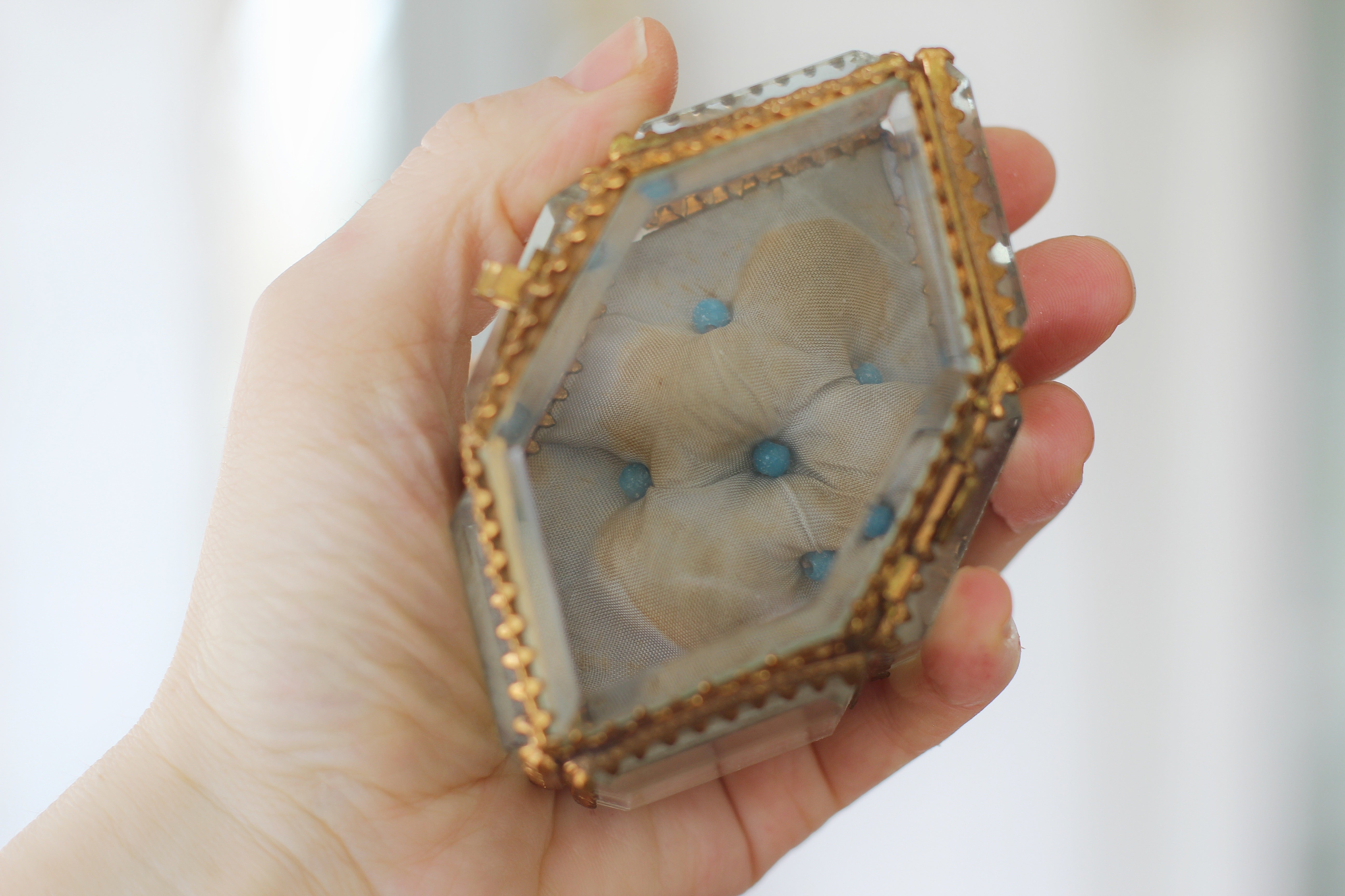 Antique French Victorian Blue Tufted Padding Jewelry Box